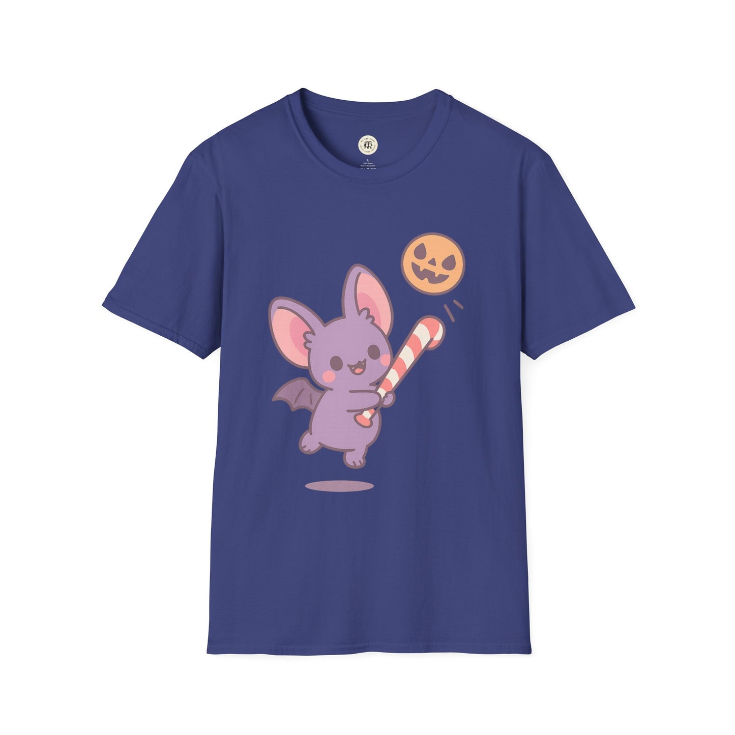 Navy Printify t-shirt featuring a cute Halloween bat t-shirt design with a happy purple bat and pumpkin