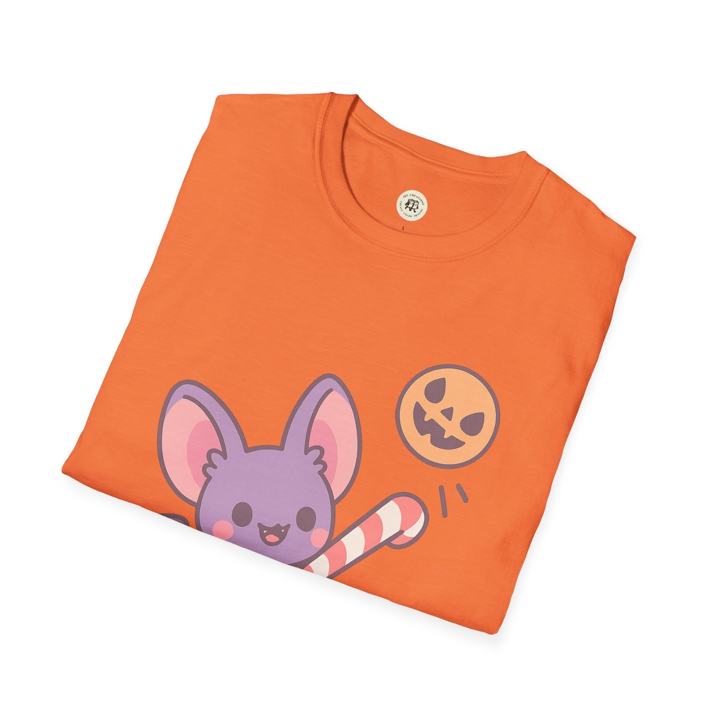 Orange Printify t-shirt featuring a cute Halloween bat t-shirt design with a cartoon bat and pumpkin
