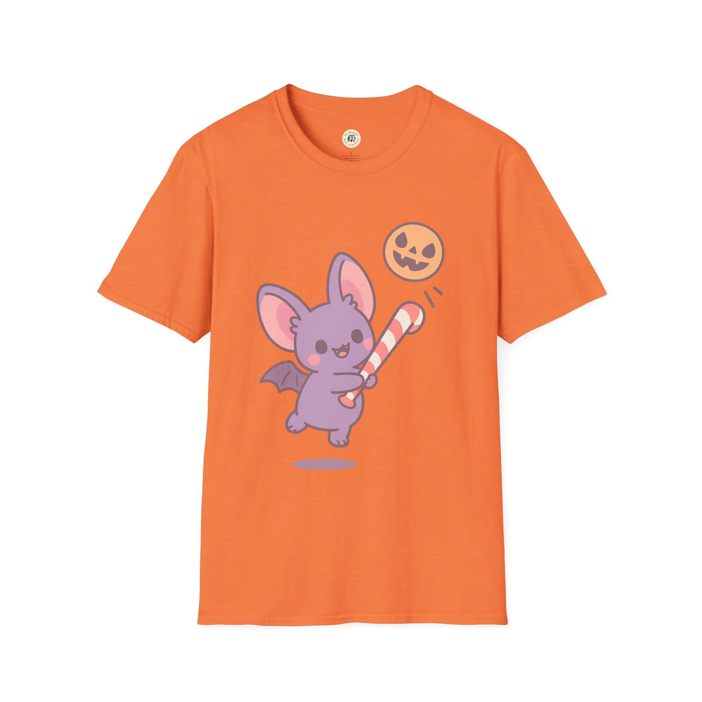 Orange Printify t-shirt featuring a cute Halloween bat t-shirt design with a purple bat and pumpkin candy