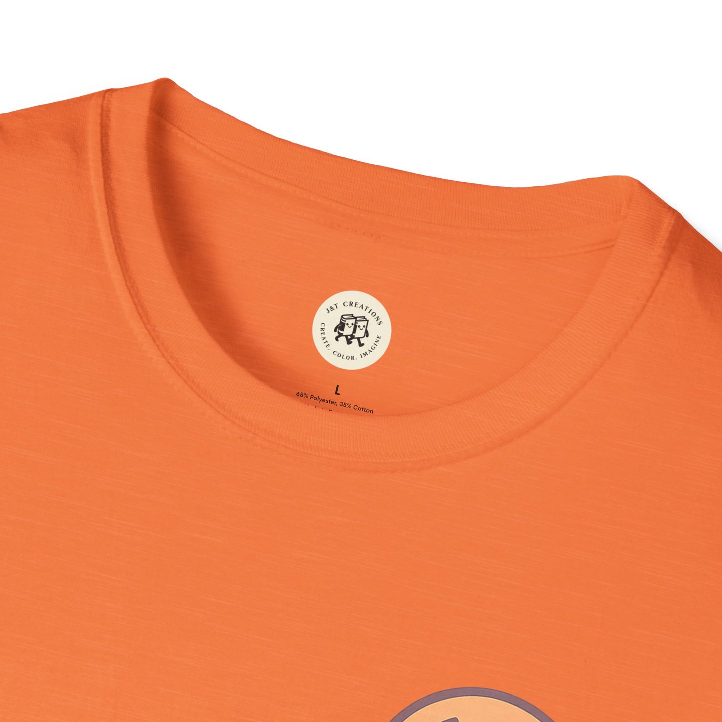Close-up of orange cute Halloween bat t-shirt collar and fabric by Printify