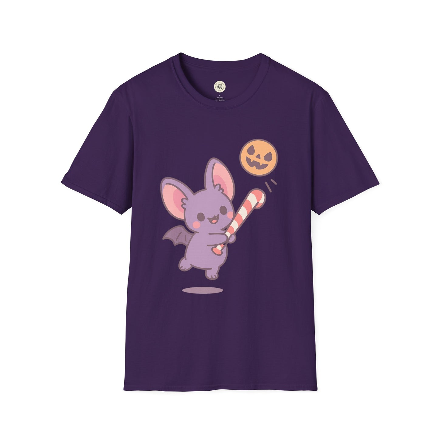 Purple Printify T-shirt featuring a cute Halloween bat t-shirt design with a playful bat and jack-o-lantern
