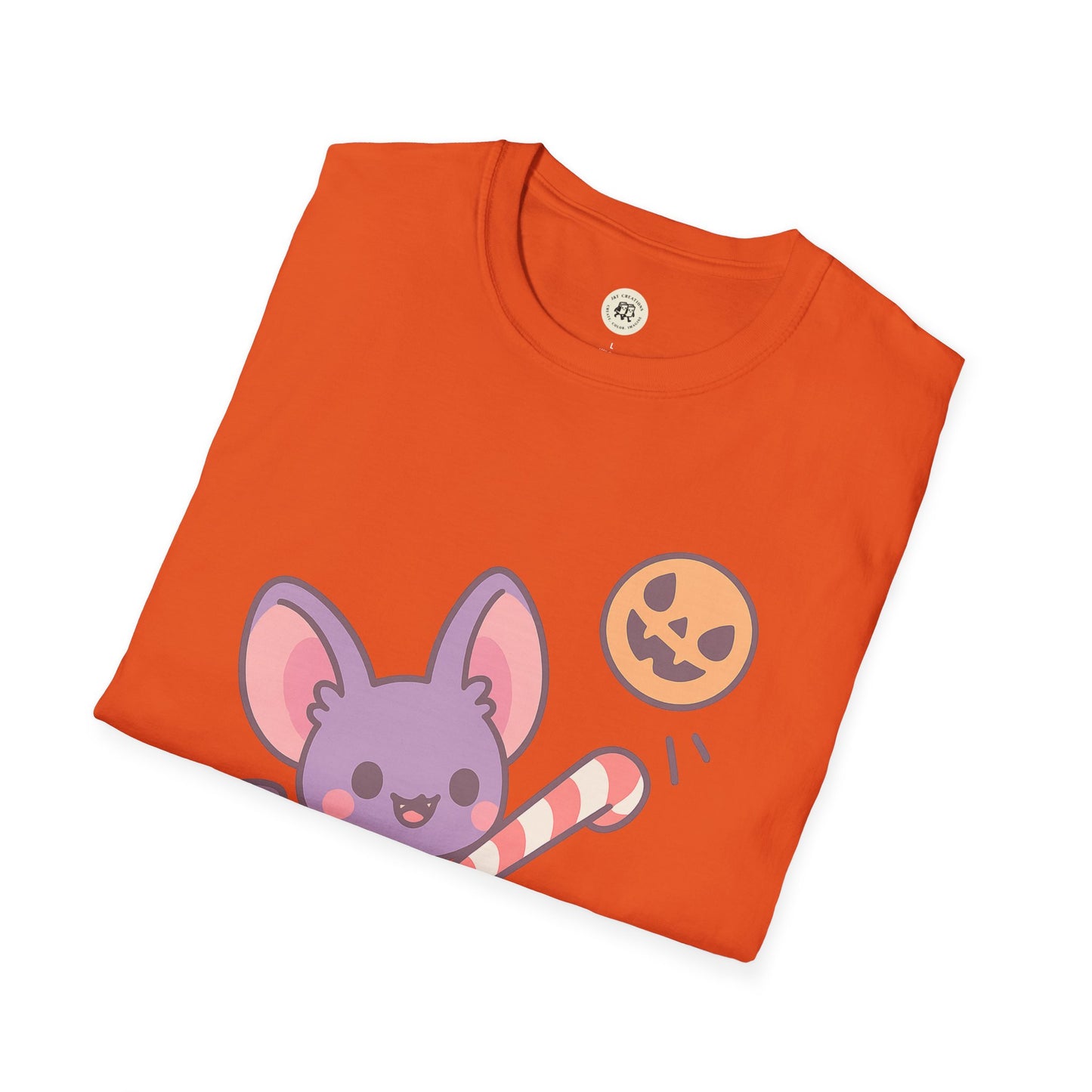 Orange cute Halloween bat t-shirt by Printify featuring a playful purple bat with candy and pumpkin design
