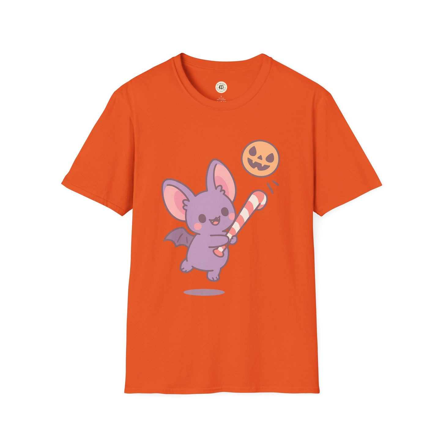 Orange Printify T-shirt featuring a cute Halloween bat t-shirt design with candy and jack-o-lantern