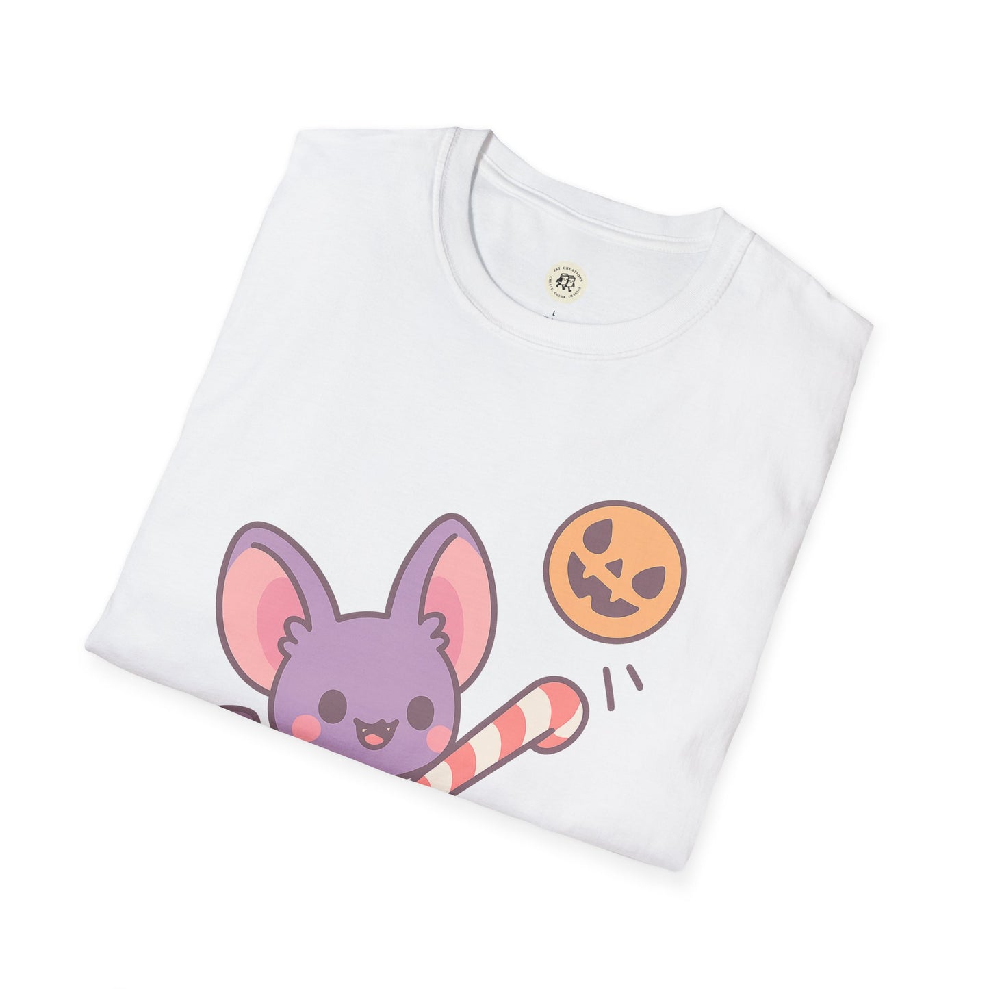 White cute Halloween bat t-shirt from Printify featuring a playful purple bat with candy and jack-o-lantern design