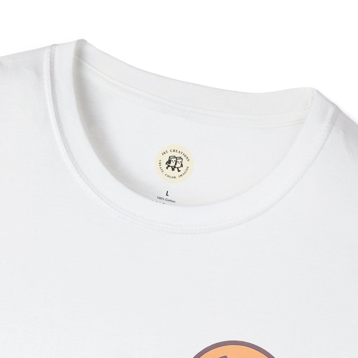 Close-up of white Printify T-shirt featuring a cute Halloween bat t-shirt design