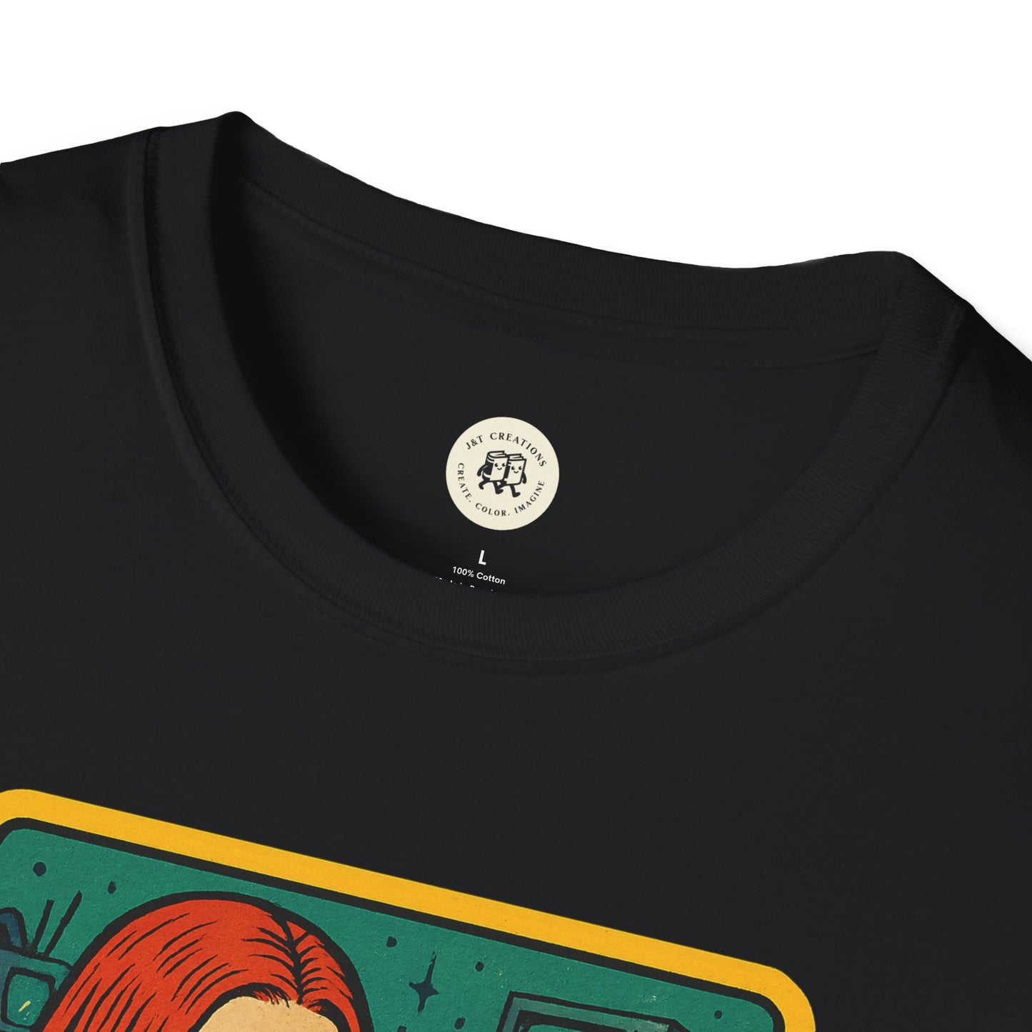 Black Printify T-shirt featuring a garbage inspired retro safety shirt design with colorful graphics