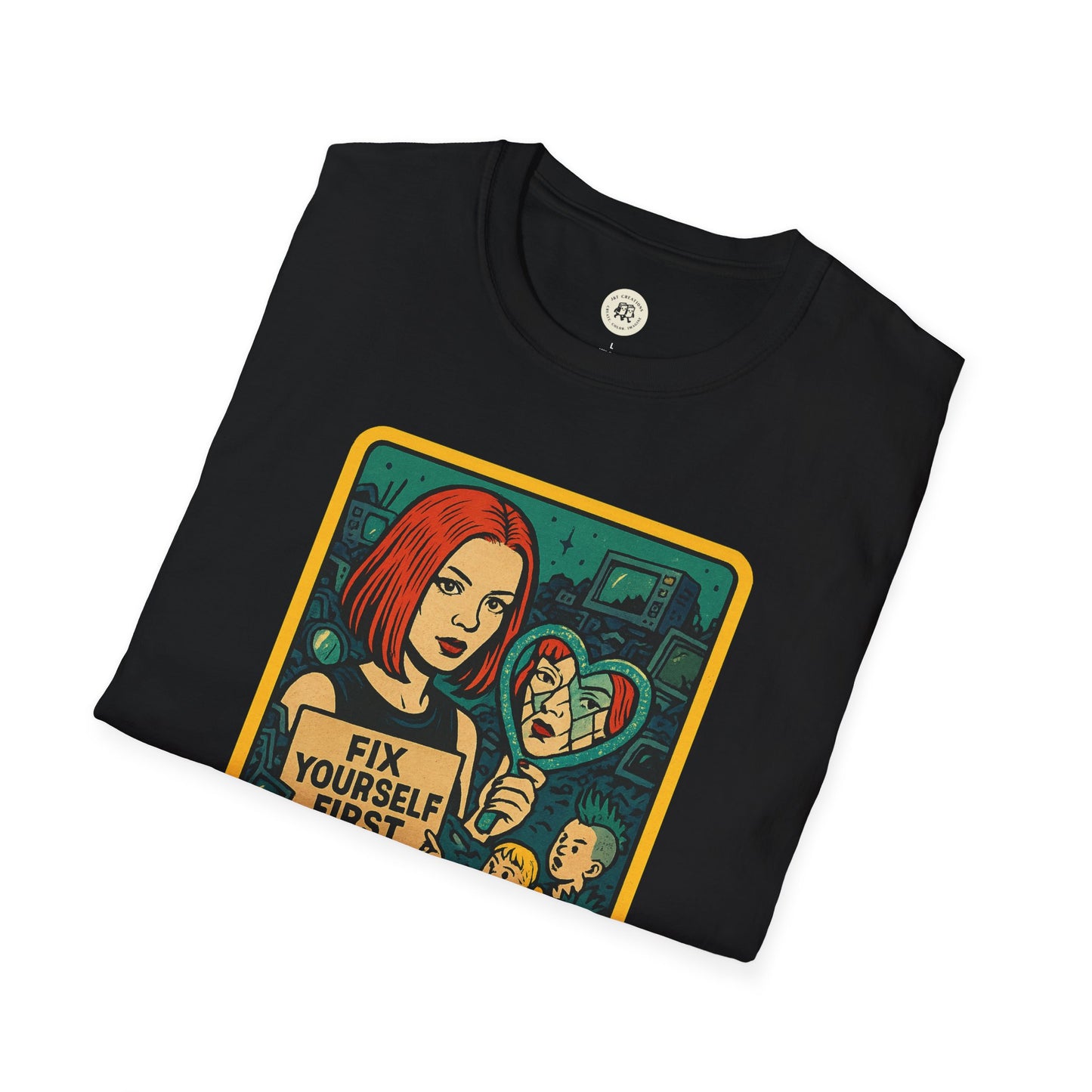 Black Printify t-shirt featuring a Garbage inspired retro safety shirt design with a red-haired woman and bold graphics