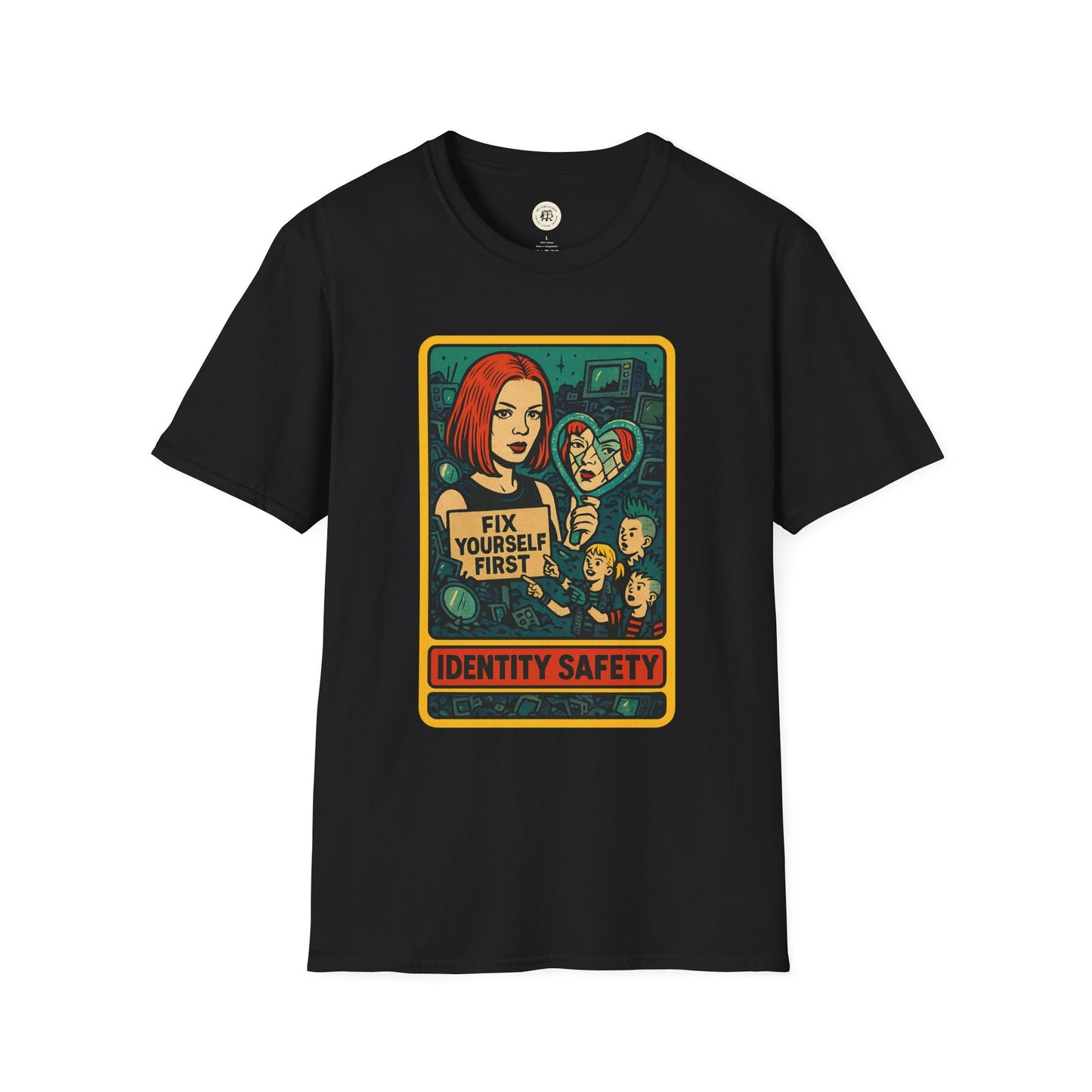 Garbage inspired retro safety shirt black t-shirt featuring Fix Yourself First identity safety design