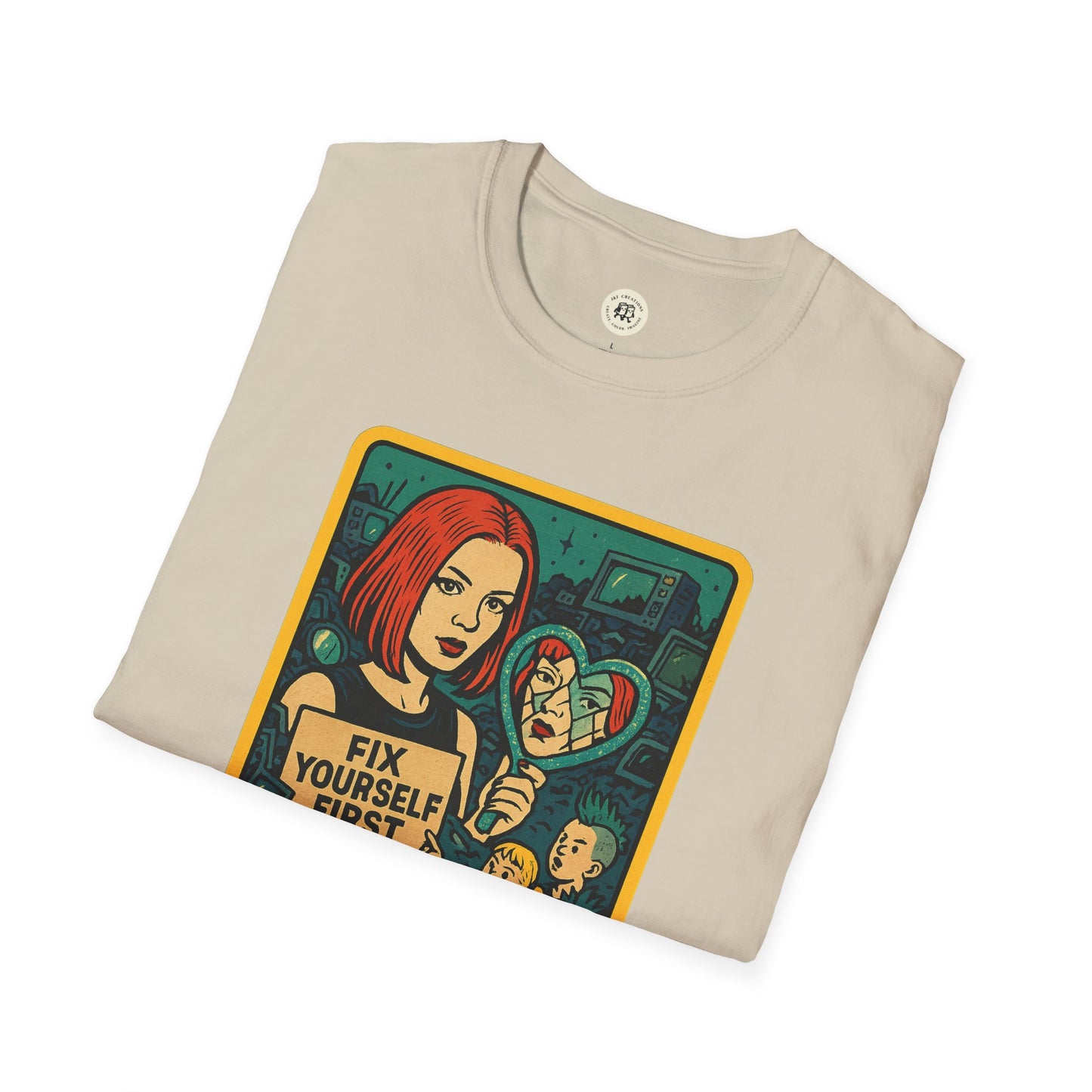 Printify beige t-shirt featuring a garbage inspired retro safety shirt design with a red-haired woman and message