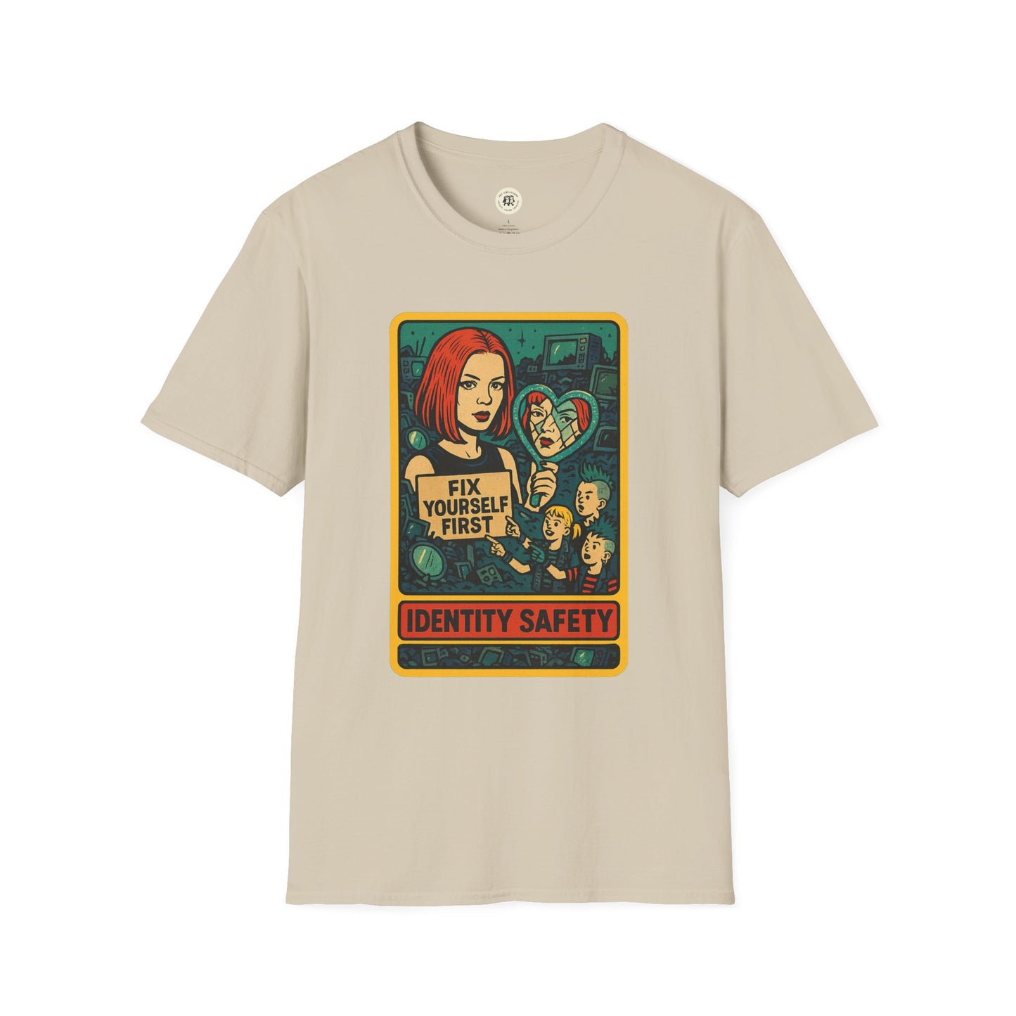 Beige T-shirt featuring a Garbage inspired retro safety shirt print with vintage style art