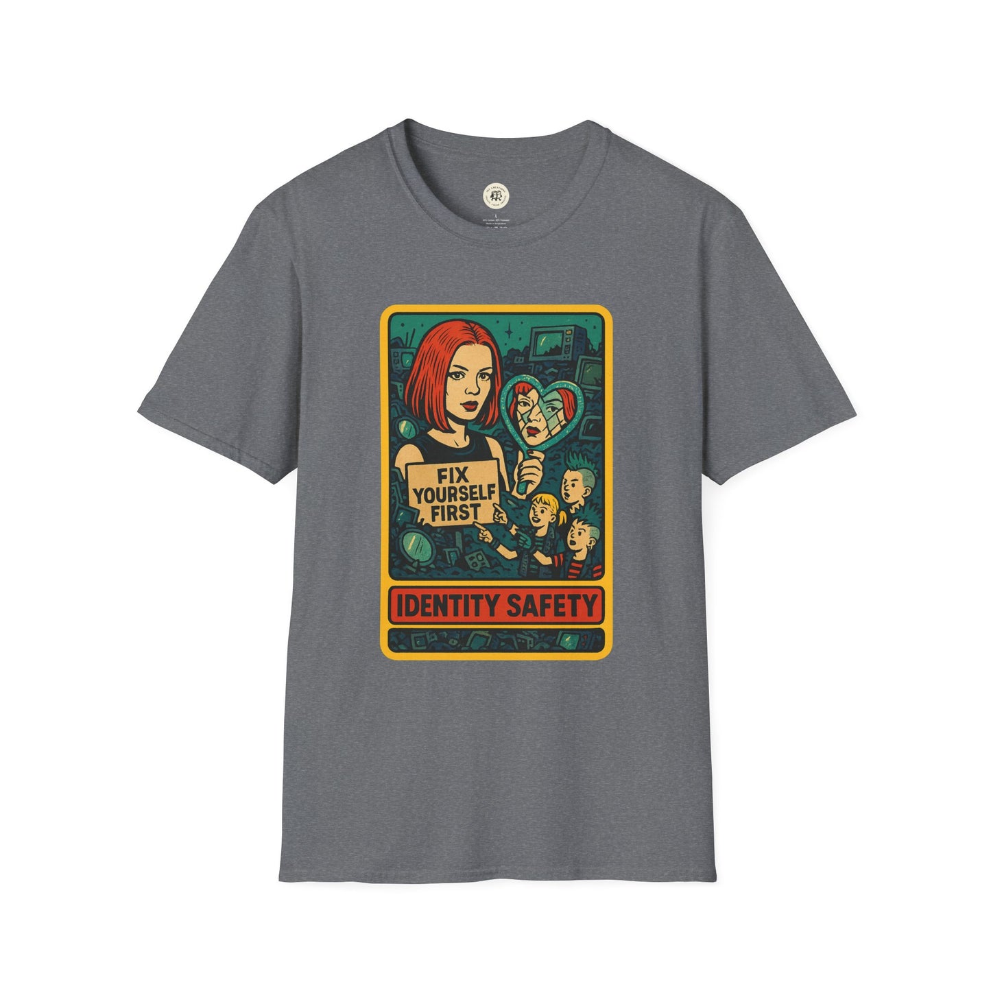 Garbage inspired retro safety shirt featuring a cartoon woman with a mask and identity safety text on gray T-shirt