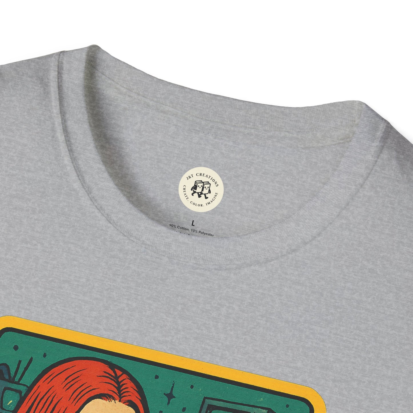 Gray Printify T-Shirt with colorful graphic and garbage inspired retro safety shirt design