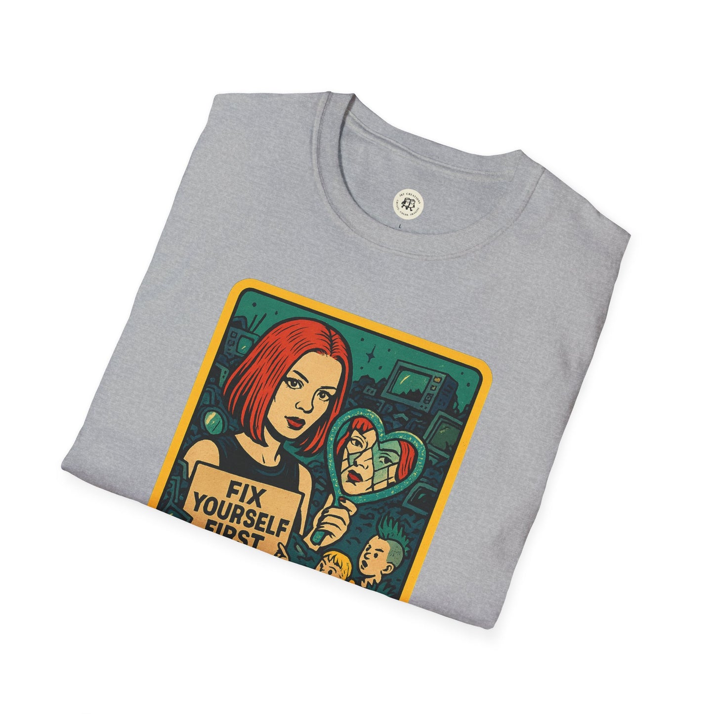 Gray Printify t-shirt featuring garbage inspired retro safety shirt graphic with a red-haired woman holding a heart mirror