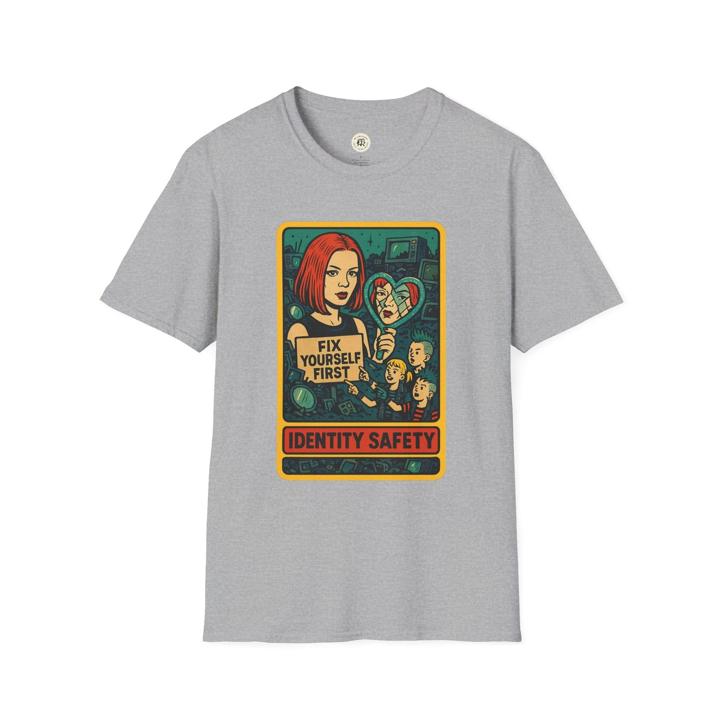 Gray Printify t-shirt featuring a garbage inspired retro safety shirt design with fix yourself first message