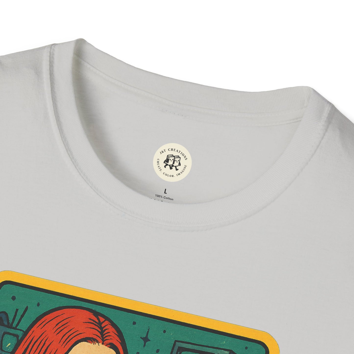 Printify white T-shirt featuring a garbage inspired retro safety shirt design with colorful graphics