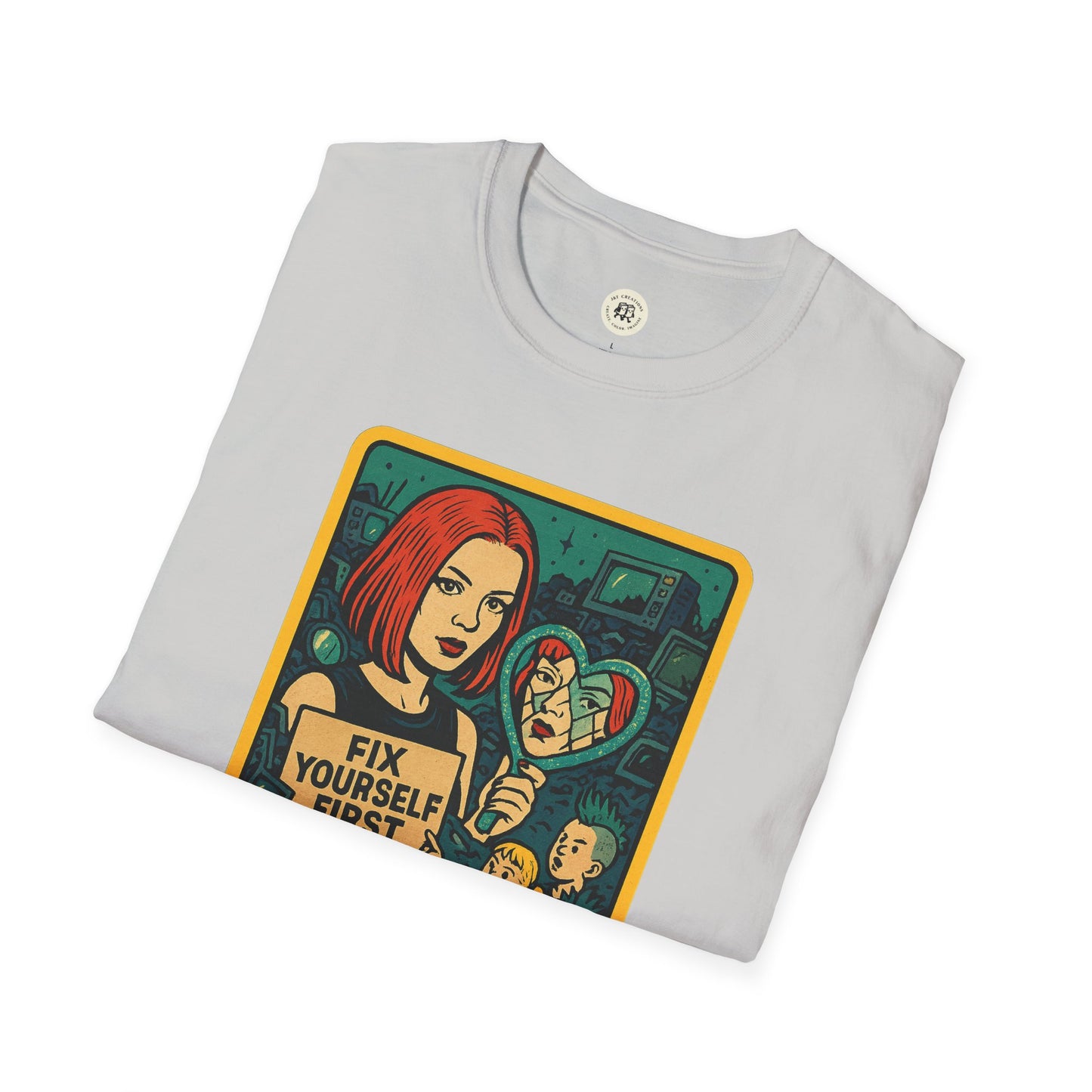 Printify white t-shirt with Garbage inspired retro safety shirt design featuring a red-haired woman holding a broken heart