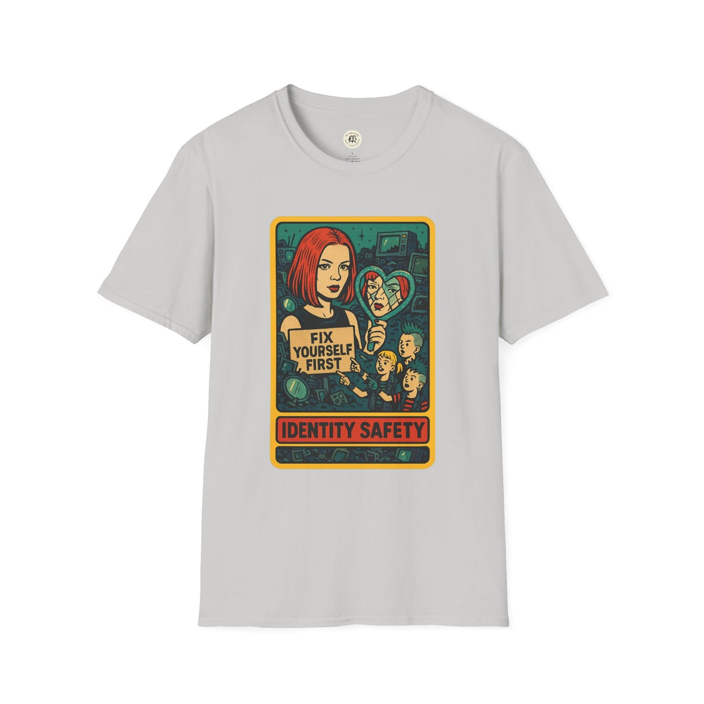 Garbage inspired retro safety shirt featuring graphic with Fix Yourself First and Identity Safety text on gray t-shirt