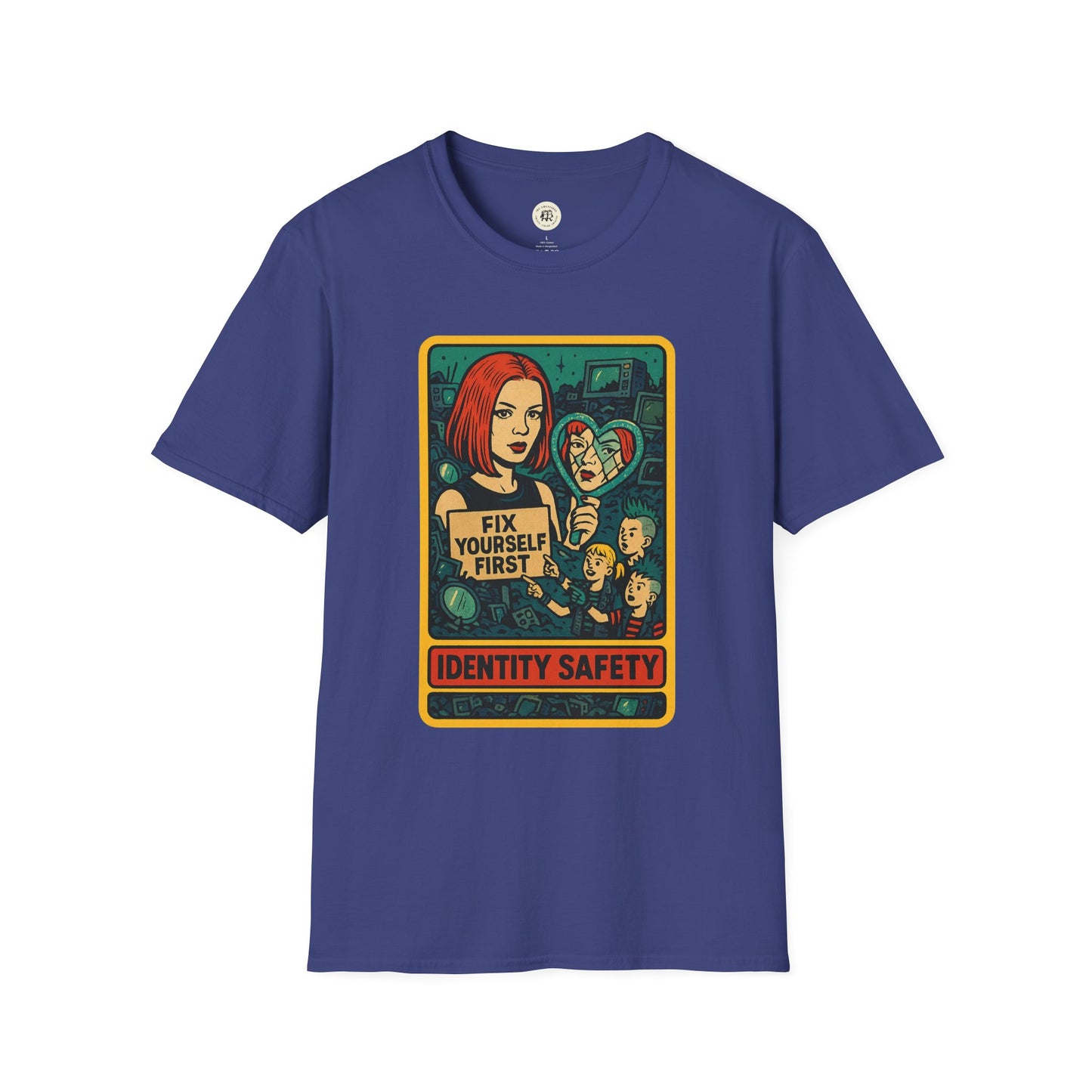 Garbage inspired retro safety shirt with vintage comic style Fix Yourself First graphic on blue Printify t-shirt
