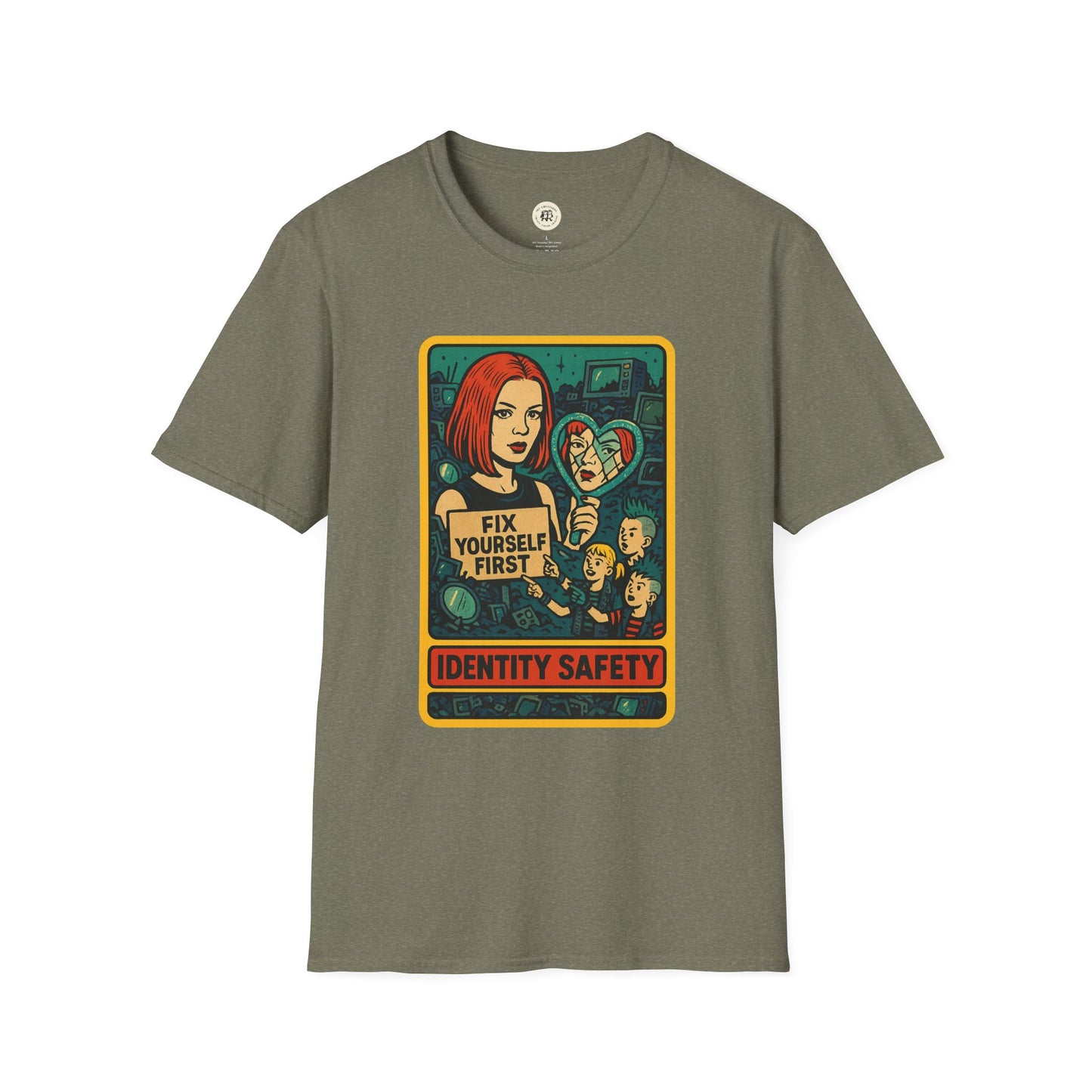 Garbage inspired retro safety shirt with Fix Yourself First graphic and Identity Safety text on olive green T-Shirt