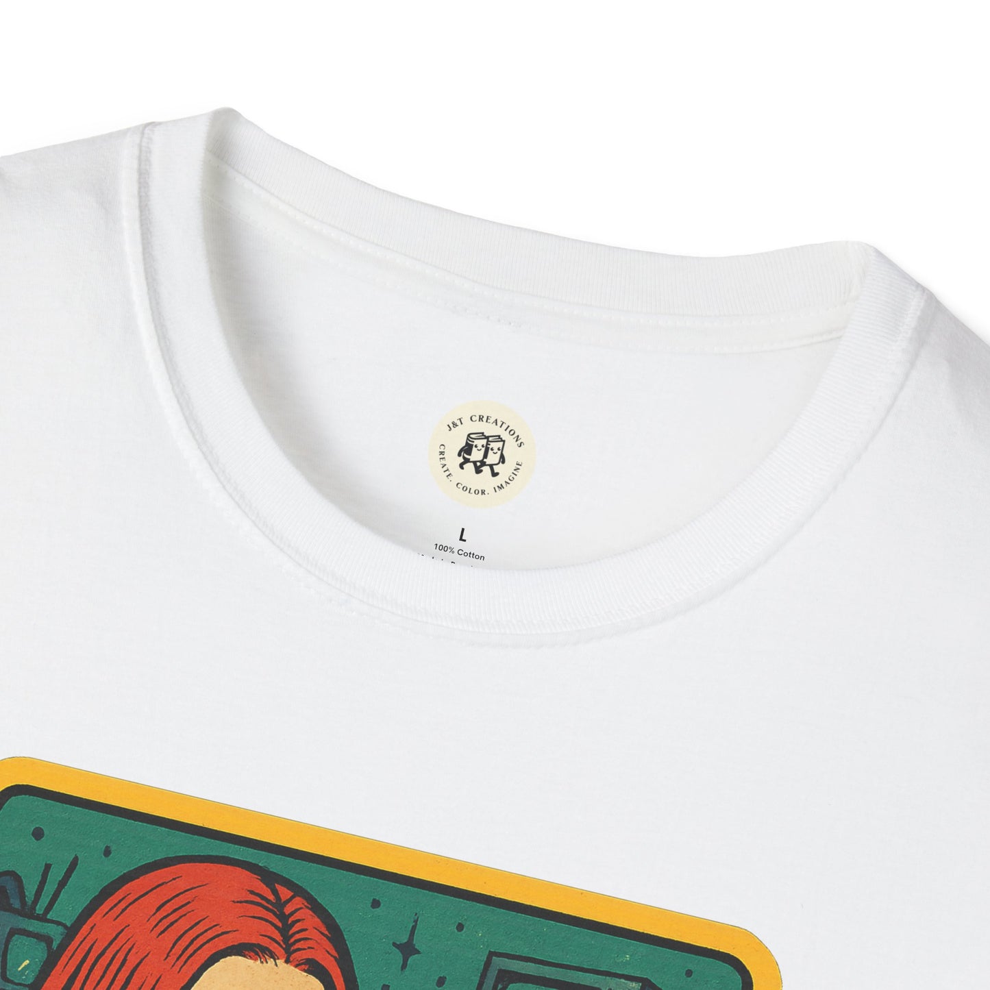 White Printify T-shirt featuring a garbage inspired retro safety shirt design with colorful vintage artwork