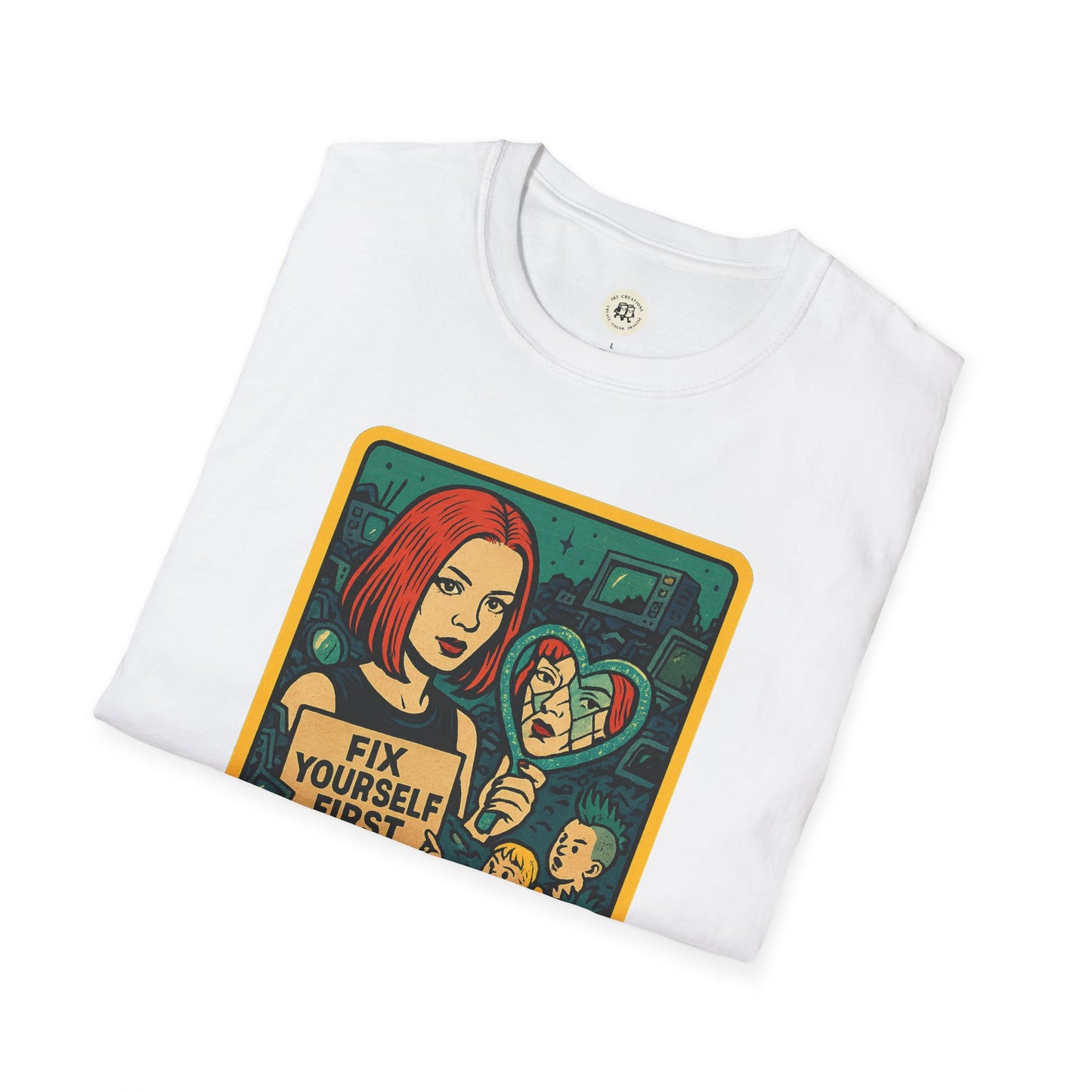White Printify T-shirt featuring a garbage inspired retro safety shirt design with a red-haired woman holding a broken heart mirror
