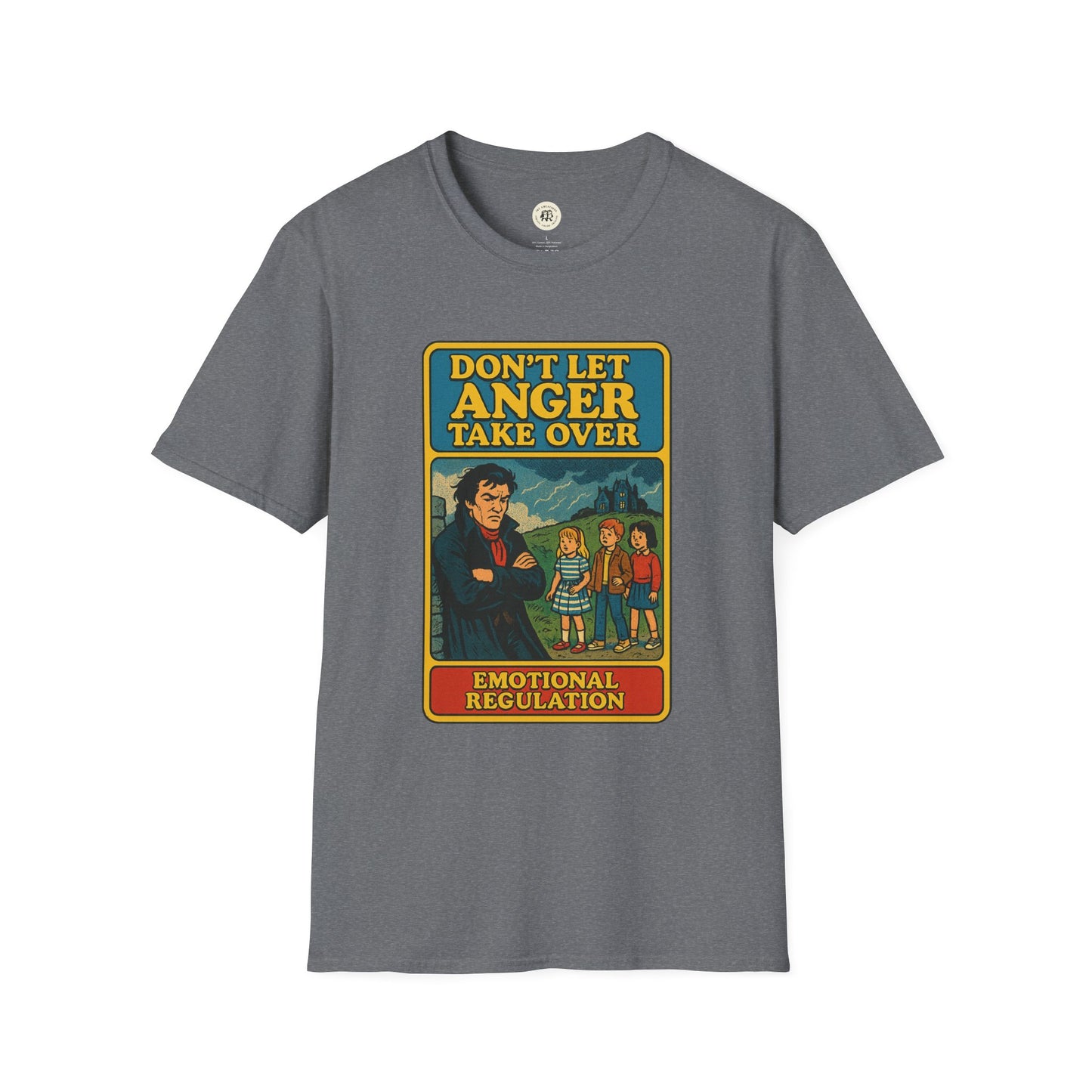 Heathcliff quote unisex tee in gray with Donβt Let Anger Take Over graphic from Printify