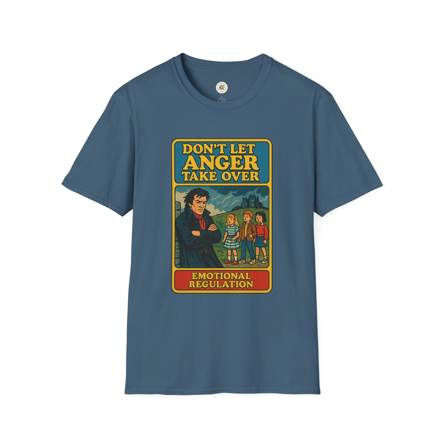 Heathcliff quote unisex tee by Printify featuring a blue t-shirt with an anger control graphic design