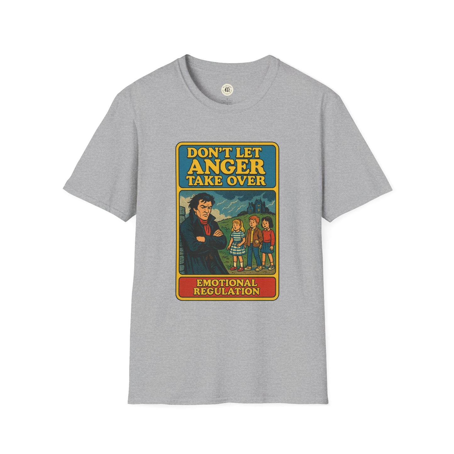Heathcliff quote unisex tee with dont let anger take over graphic on gray t-shirt by Printify