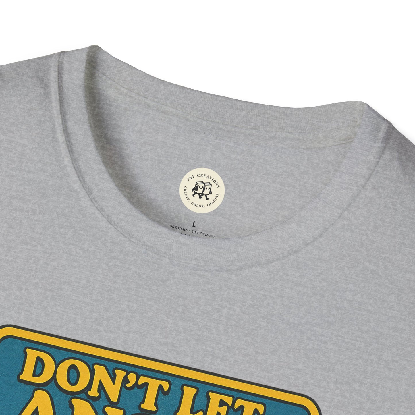 Printify Heathcliff quote unisex tee in light gray featuring a bold yellow and blue graphic text design