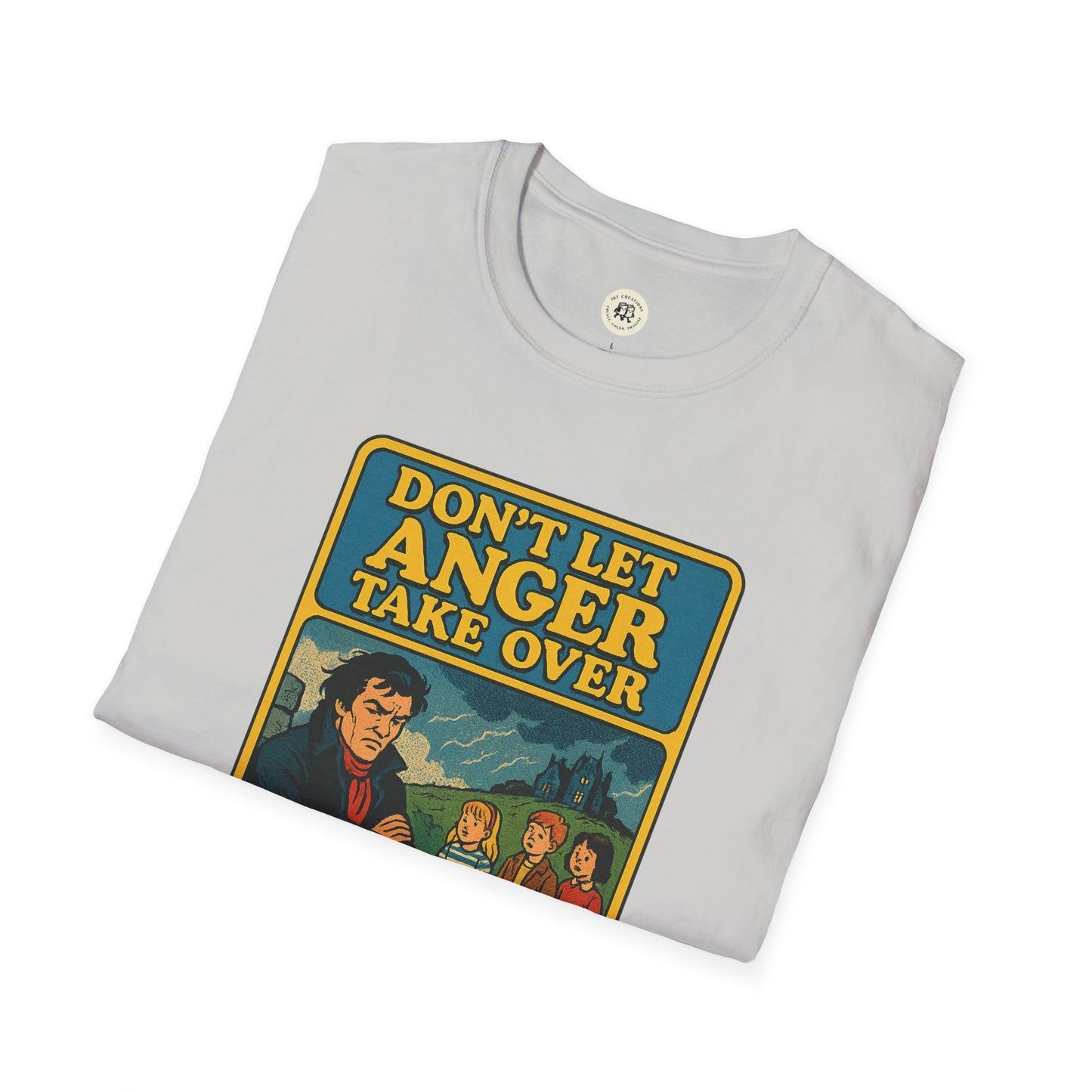Folded Printify Heathcliff quote unisex tee with vintage graphic and motivational text design