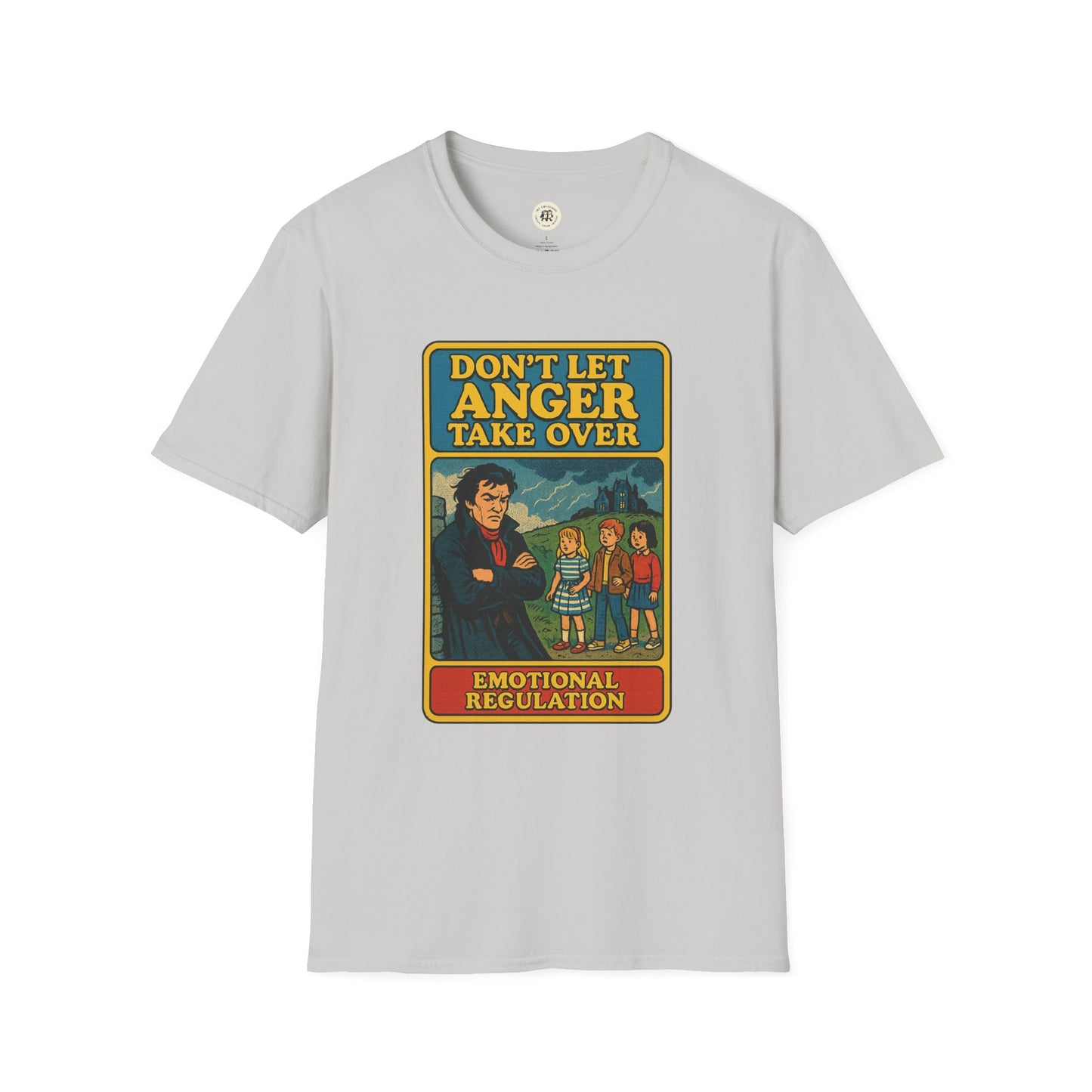 Printify Heathcliff quote unisex tee with Don't Let Anger Take Over design on light gray shirt