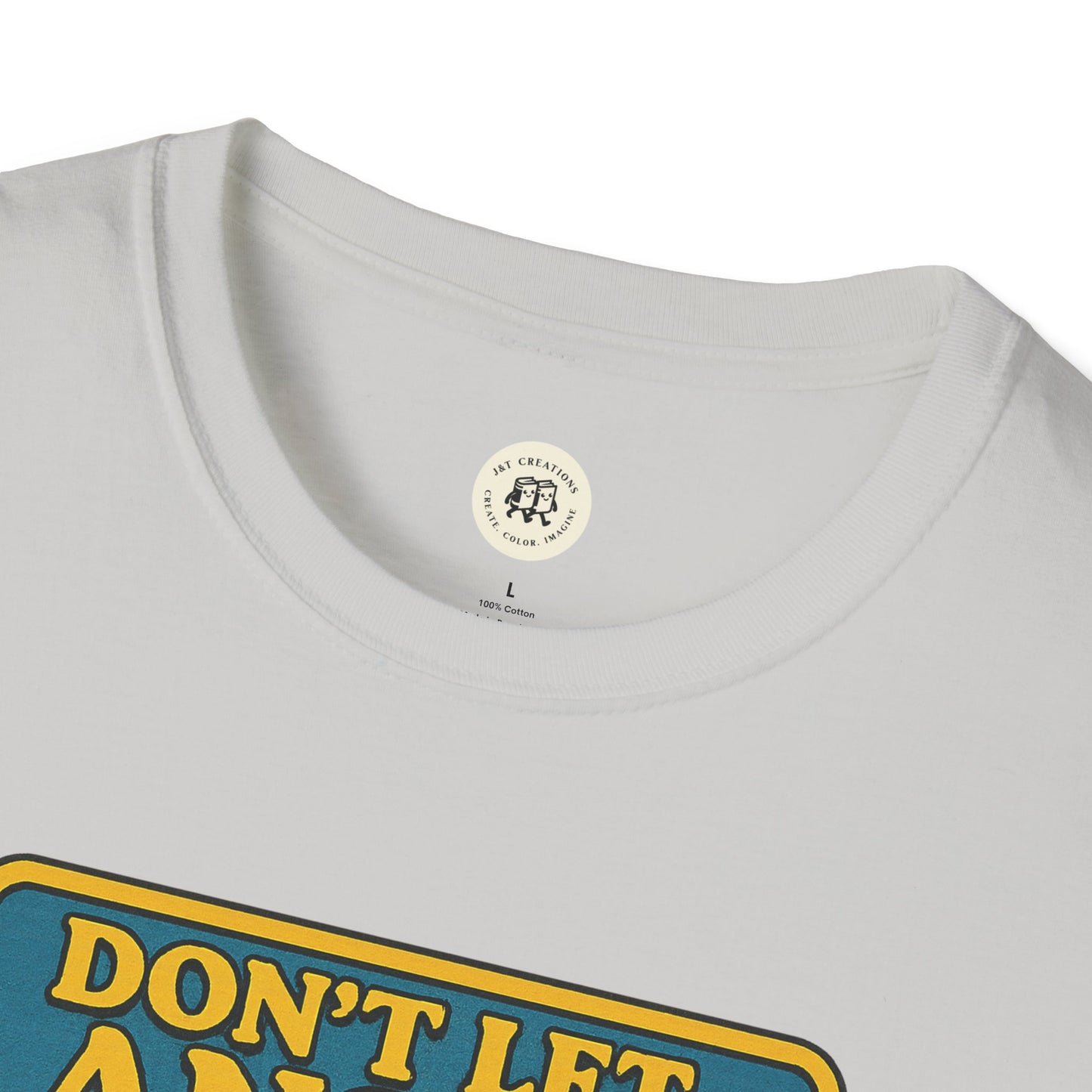 Close-up of white Heathcliff quote unisex tee by Printify showing neck and partial graphic print