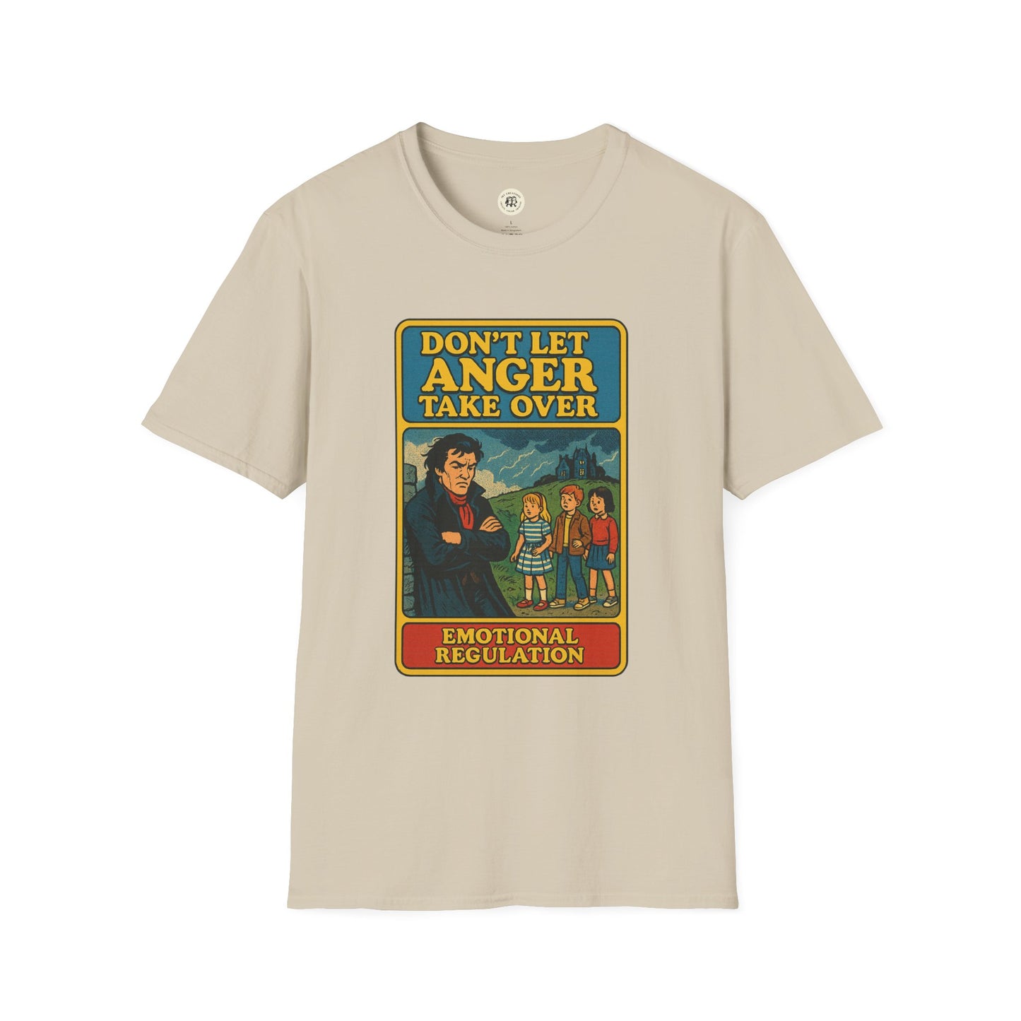 Beige Heathcliff quote unisex tee with vintage style Donβt Let Anger Take Over graphic print
