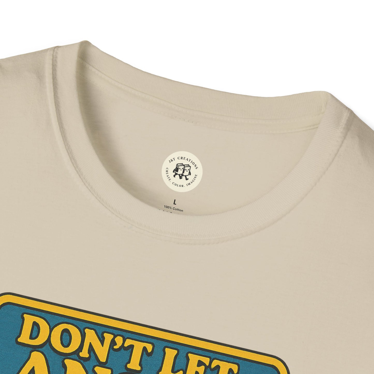 Close-up of cream Heathcliff quote unisex tee from Printify featuring bold graphic text design