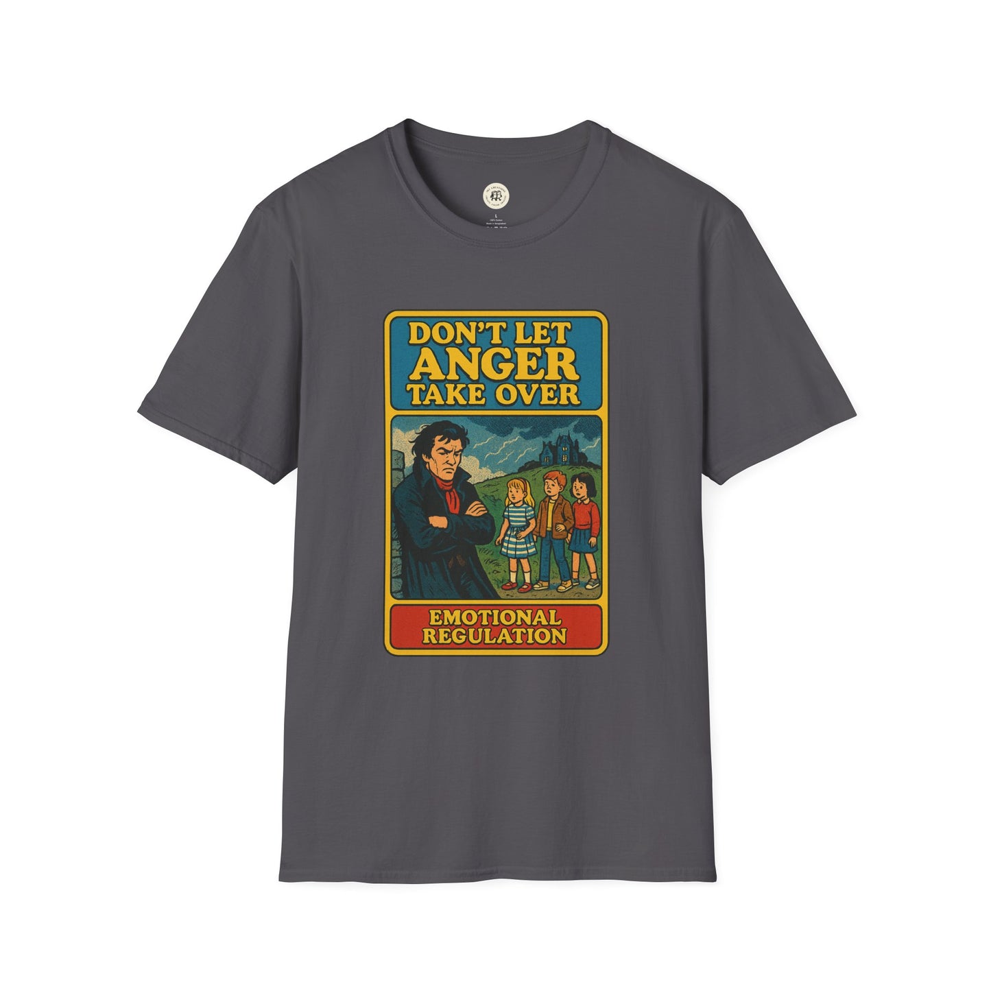 Heathcliff quote unisex tee with Don't Let Anger Take Over graphic and emotional regulation text