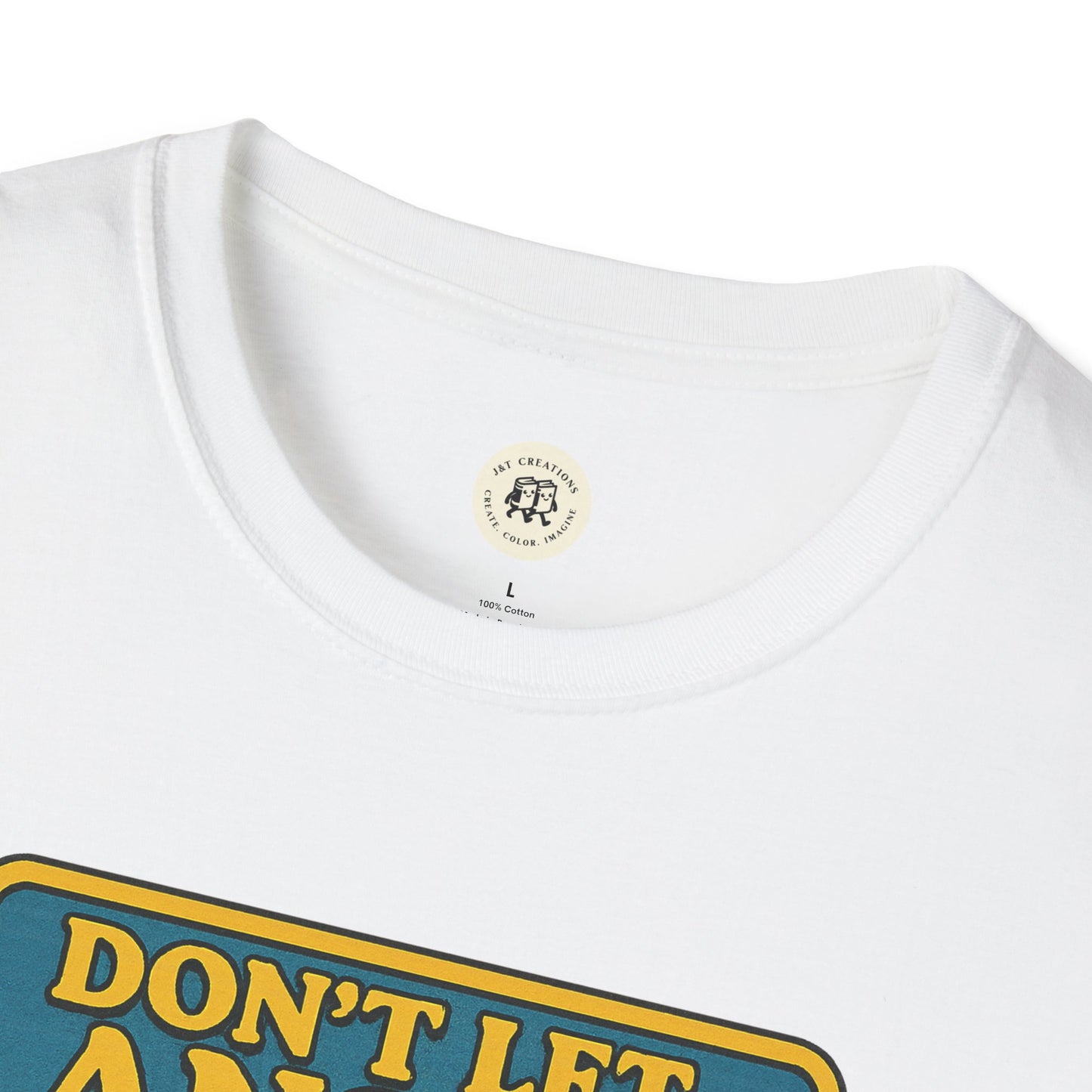Close-up of Printify Heathcliff quote unisex tee showing white crew neck and graphic text design