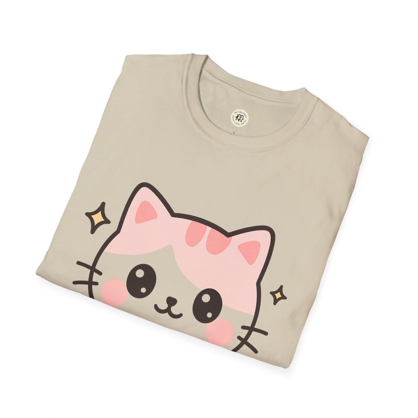 Printify beige kawaii cat t-shirt with cute pink and gray cat face design