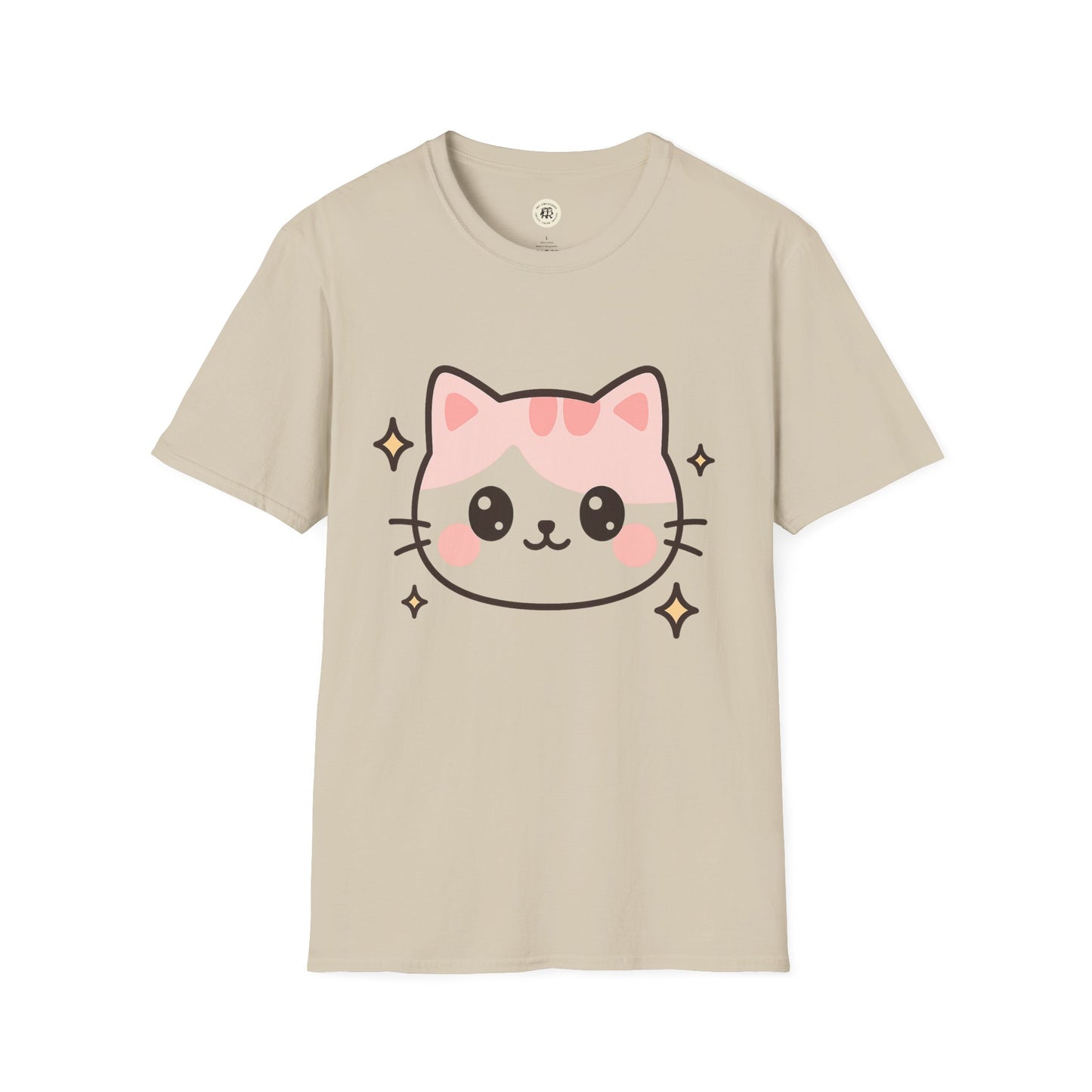 Beige Printify kawaii cat t-shirt featuring a cute pink and cream cat face with sparkles
