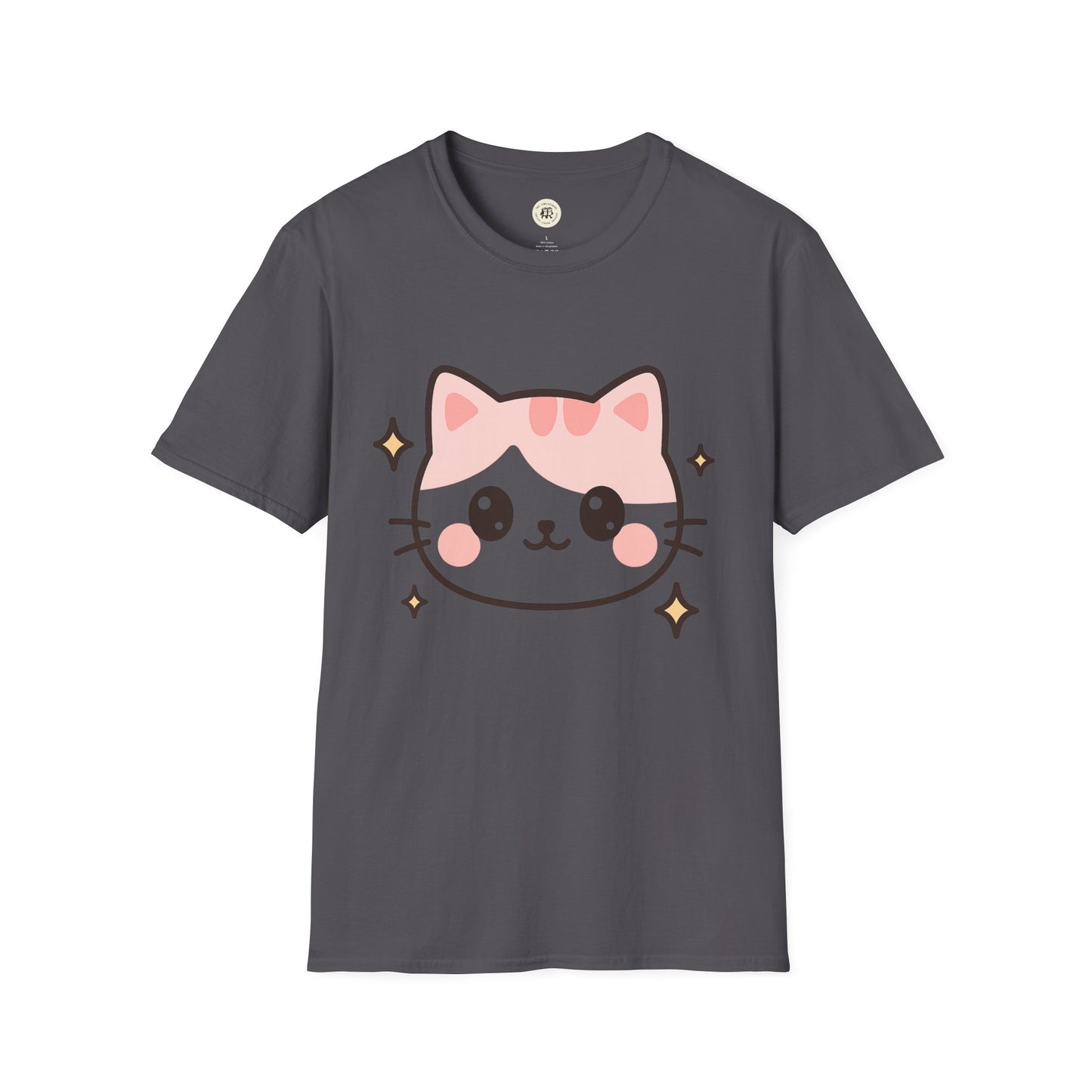 Printify kawaii cat t-shirt in dark gray featuring a cute pink and black cat face with sparkling stars