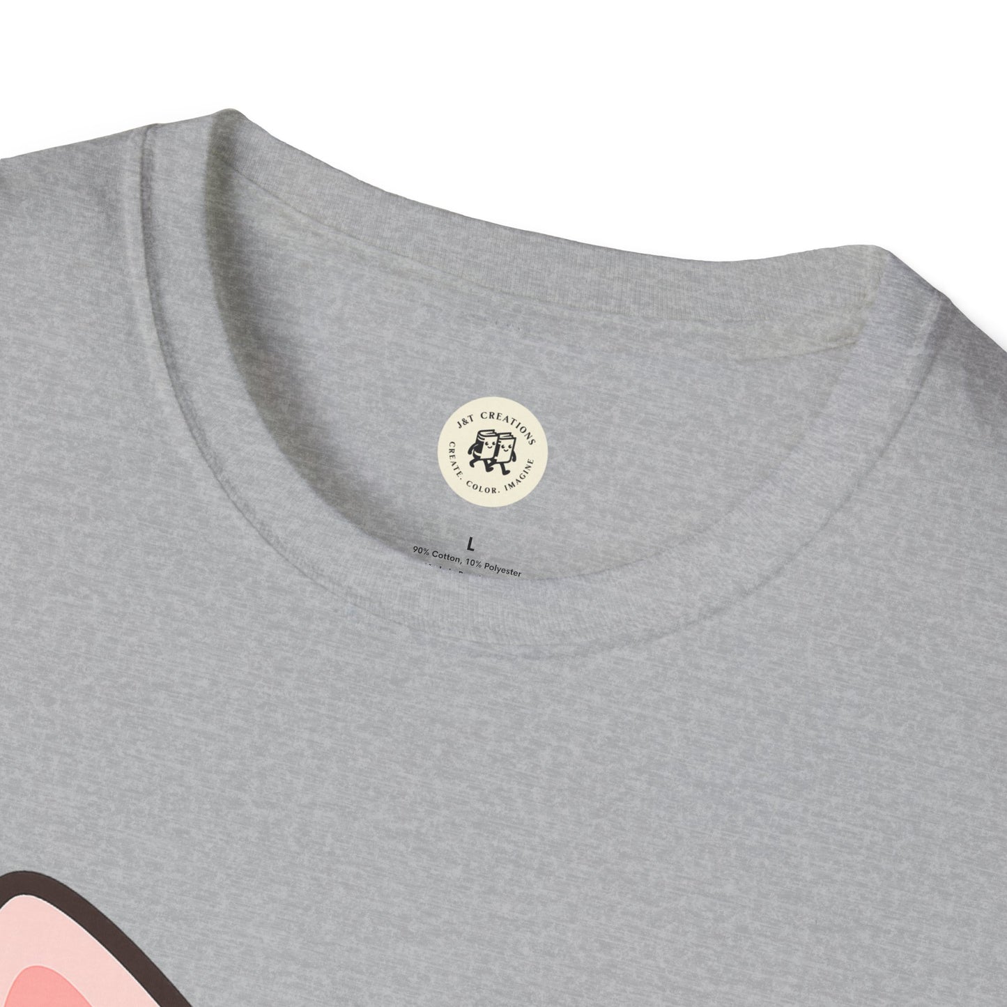 Close-up of gray kawaii cat t-shirt neckline from Printify with soft cotton fabric