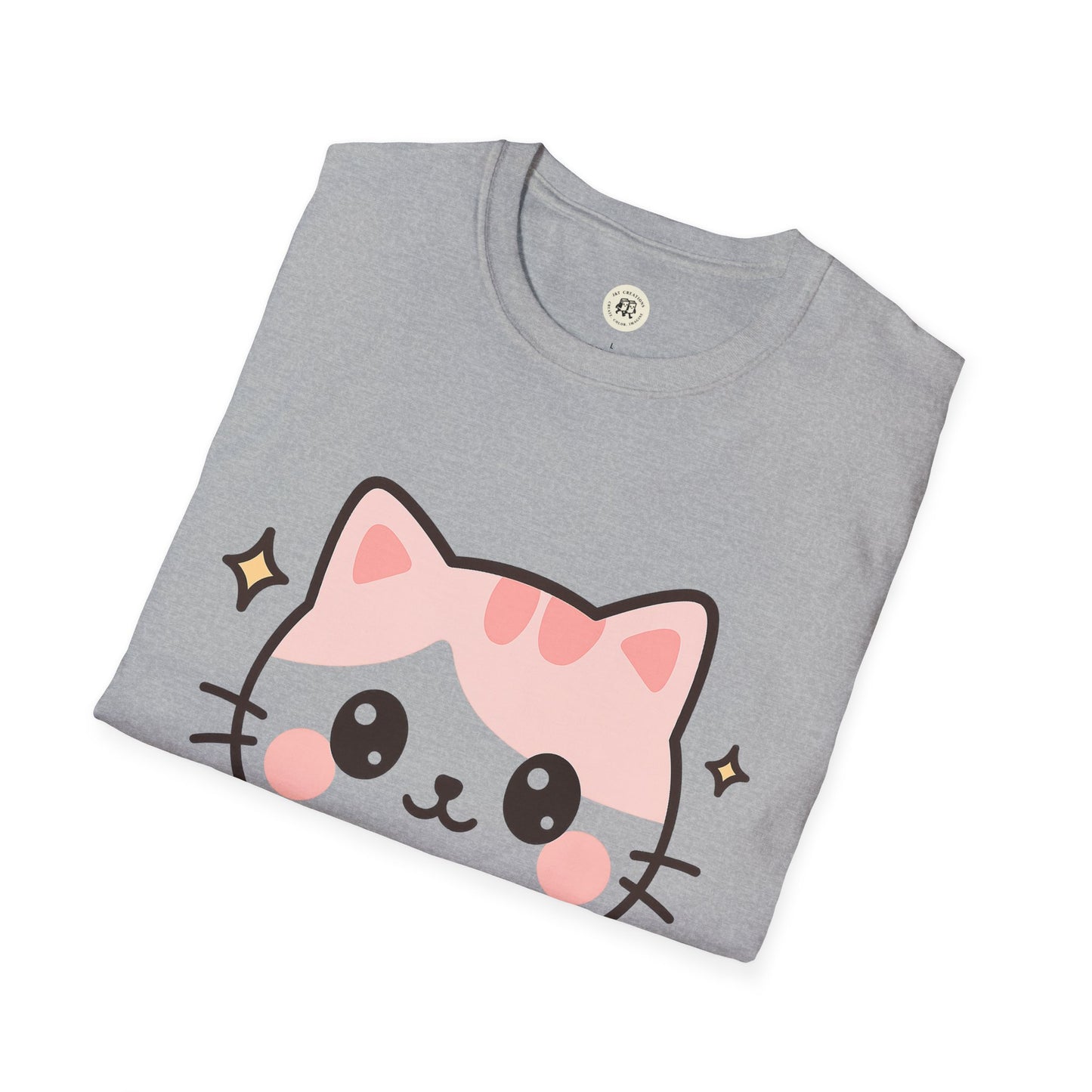 Gray Printify kawaii cat t-shirt with a cute pink and gray cartoon cat face design