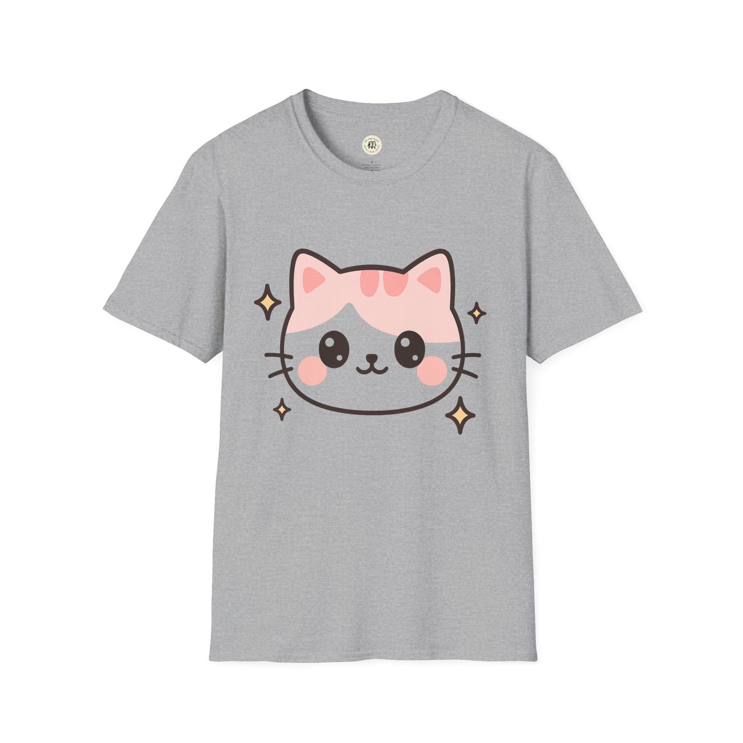 Gray Printify kawaii cat t-shirt featuring a cute cartoon pink and gray cat face with sparkles