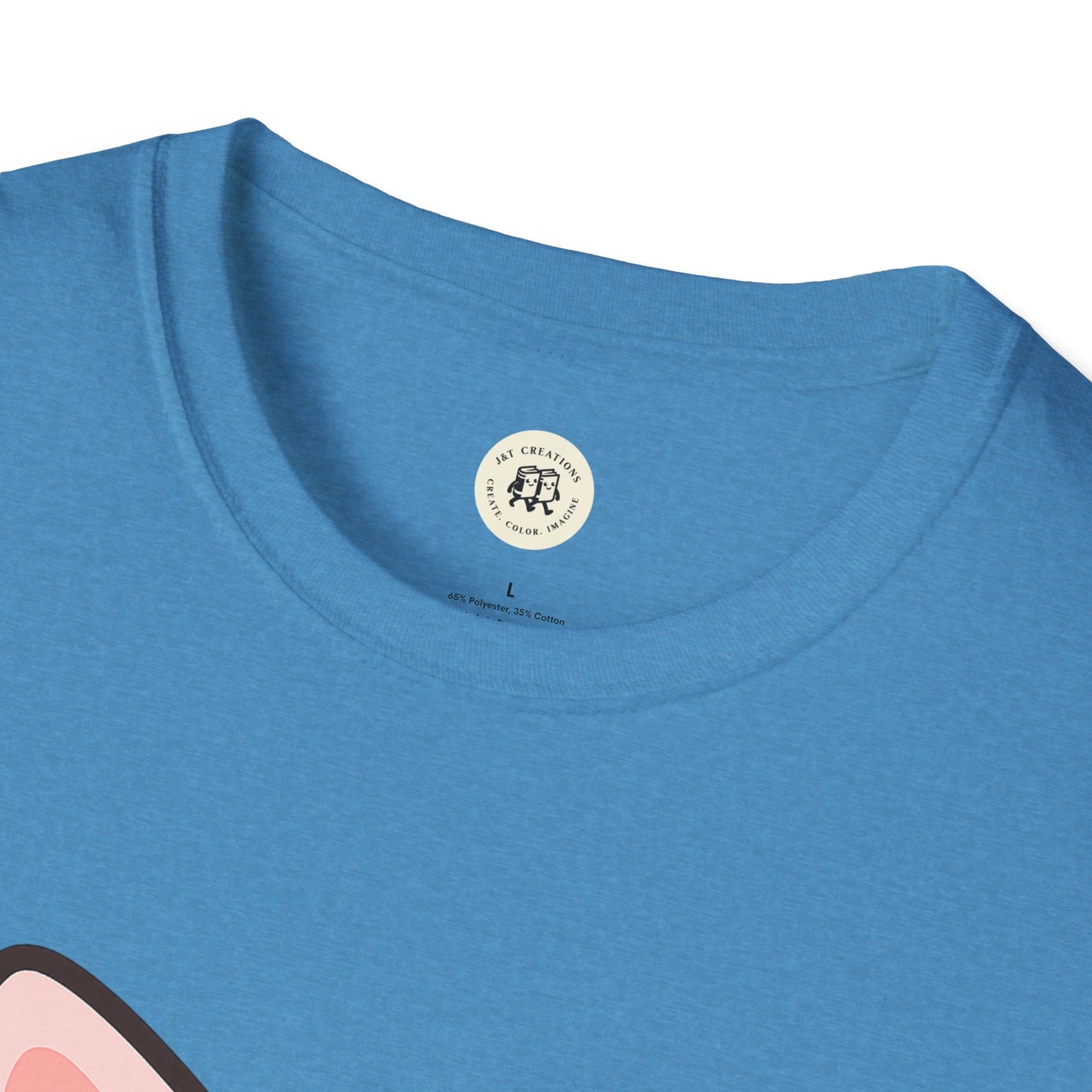 Close-up of blue Printify kawaii cat t-shirt neckline with soft fabric and a partial cat ear design