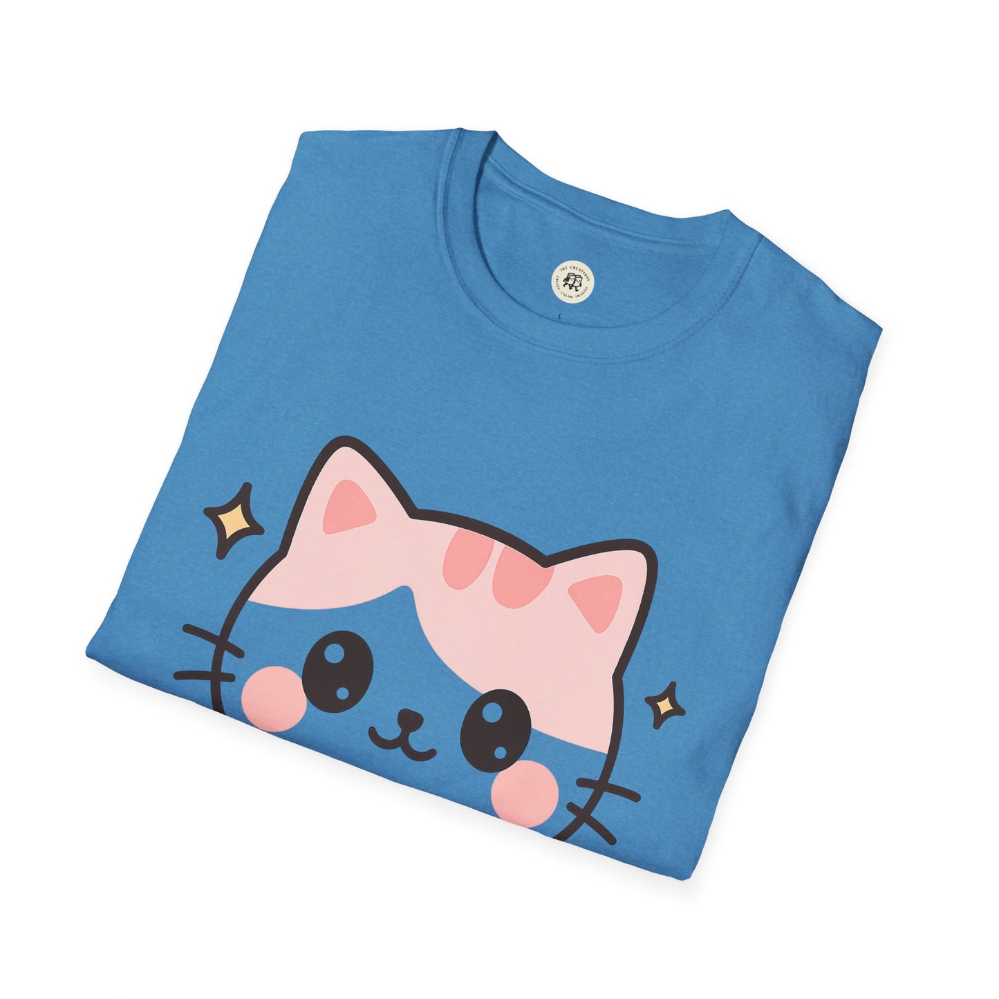Blue kawaii cat t-shirt with a cute pink and black cartoon cat face print by Printify