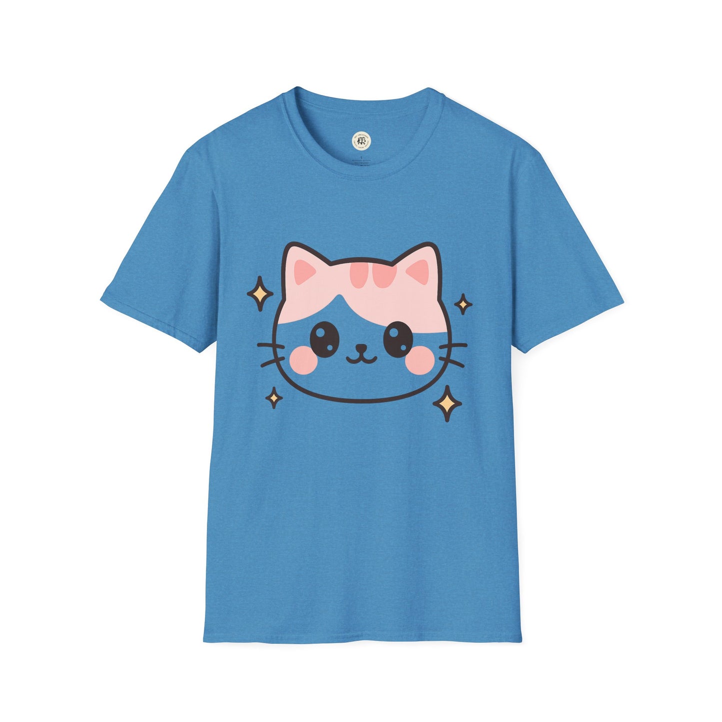 Printify blue kawaii cat t-shirt with cute pink and blue cat face design