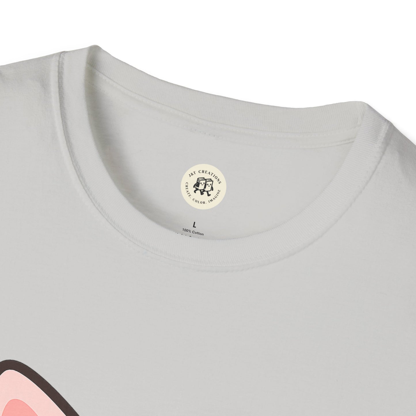Close-up of white kawaii cat t-shirt collar and neckline from Printify with soft fabric