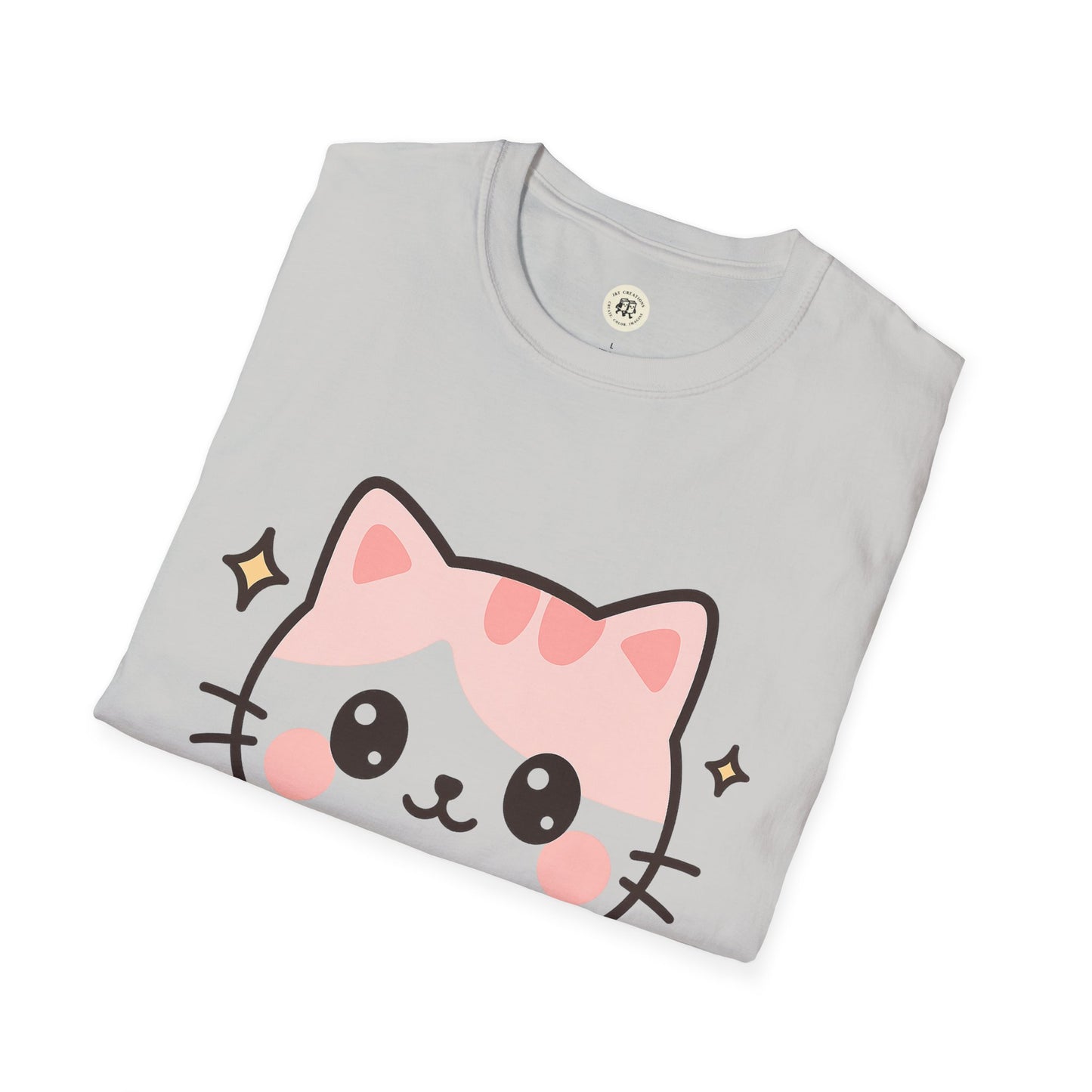 Printify kawaii cat t-shirt featuring a cute pink and gray cat face with stars on light gray fabric