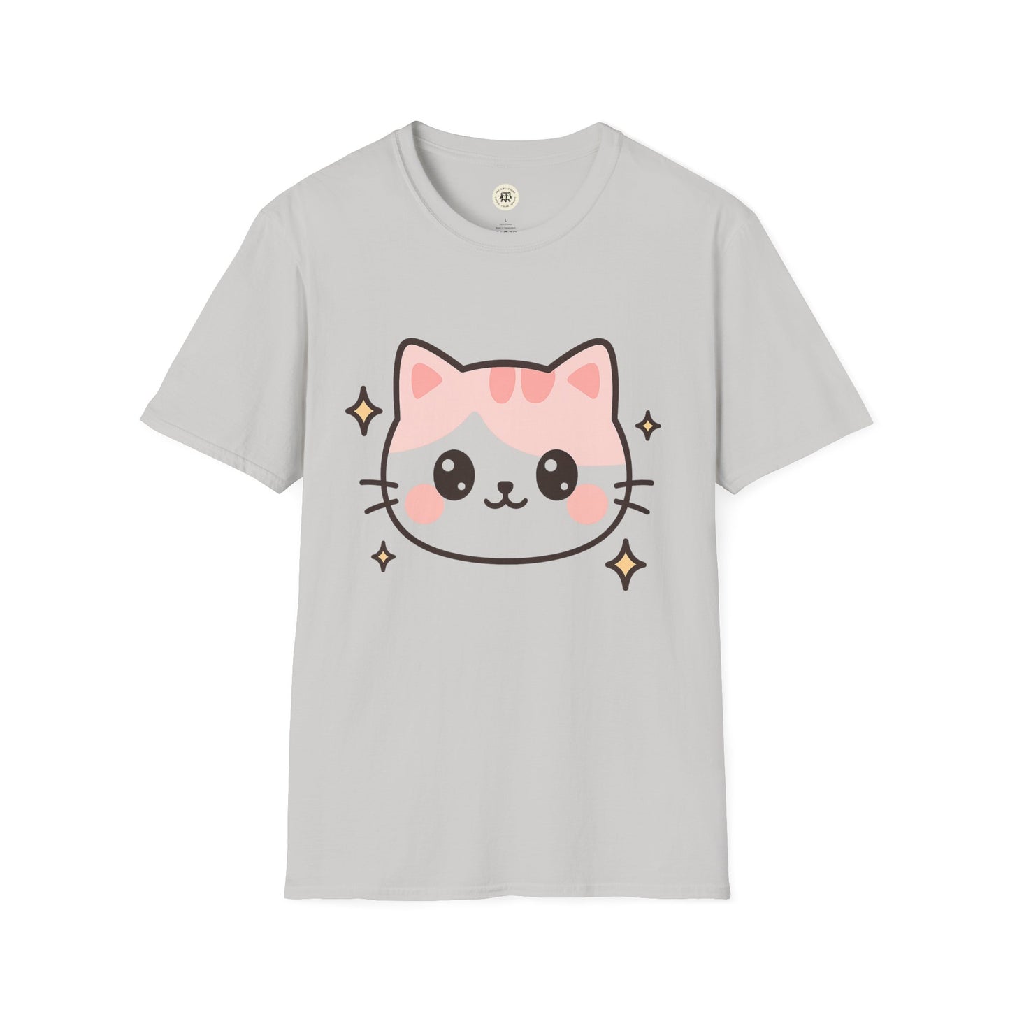 Printify gray kawaii cat t-shirt with cute pink and white cat face and sparkle accents