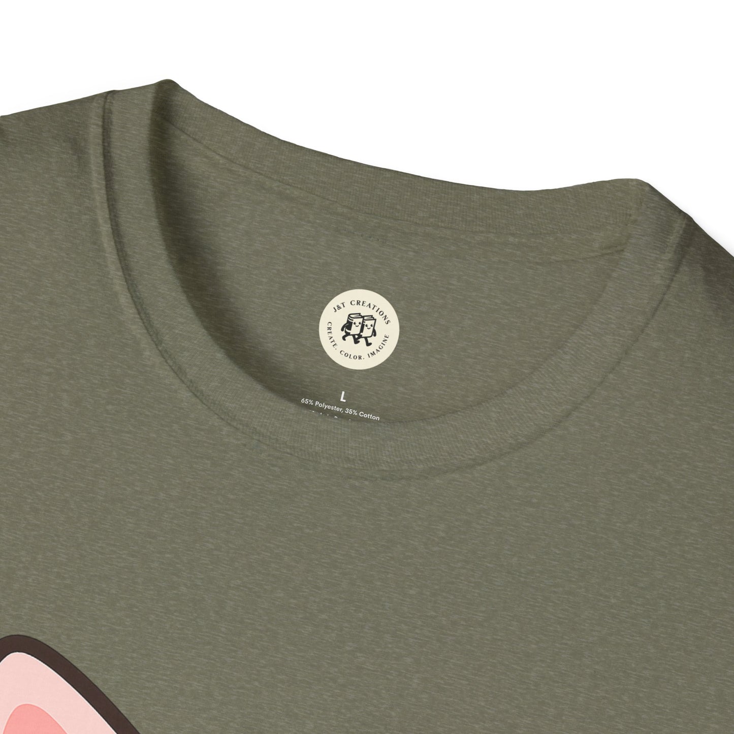 Close-up of olive green kawaii cat t-shirt collar and part of printed cat ear design by Printify