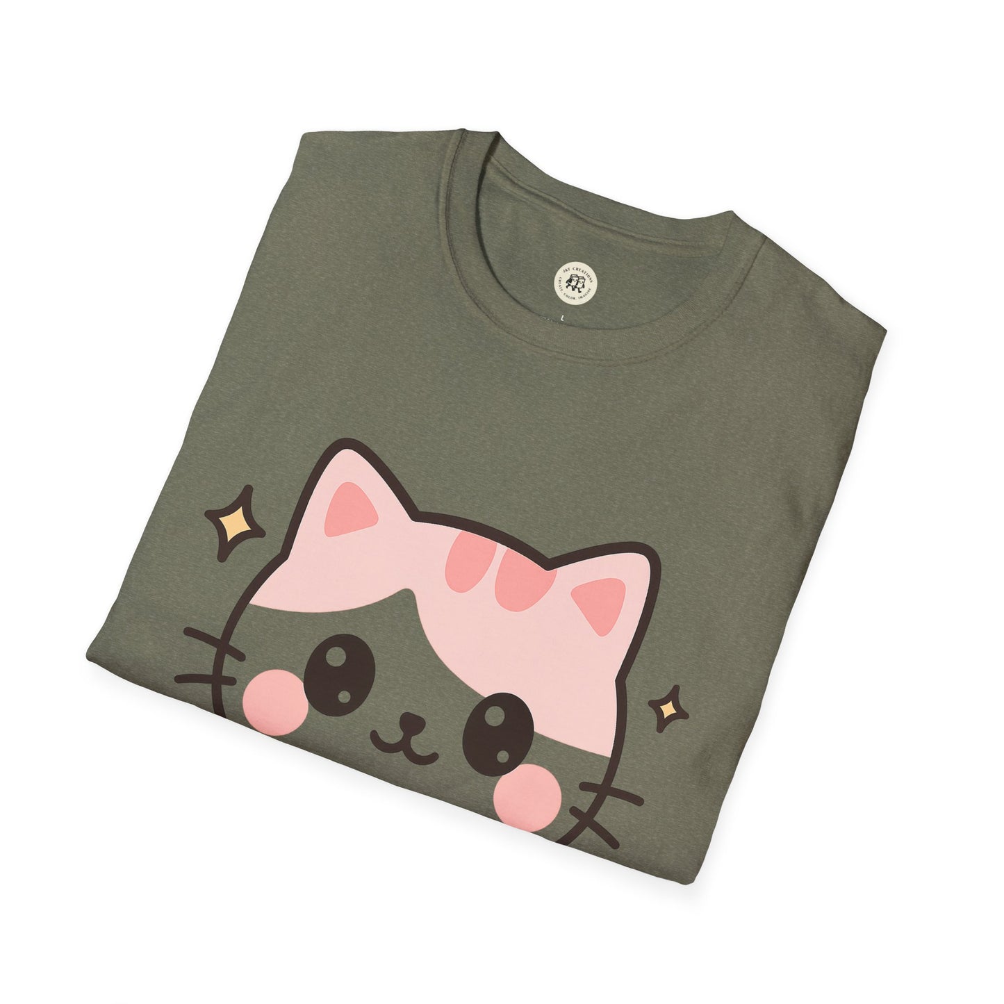 Printify kawaii cat t-shirt with a cute pink and gray cat face design on an olive green fabric